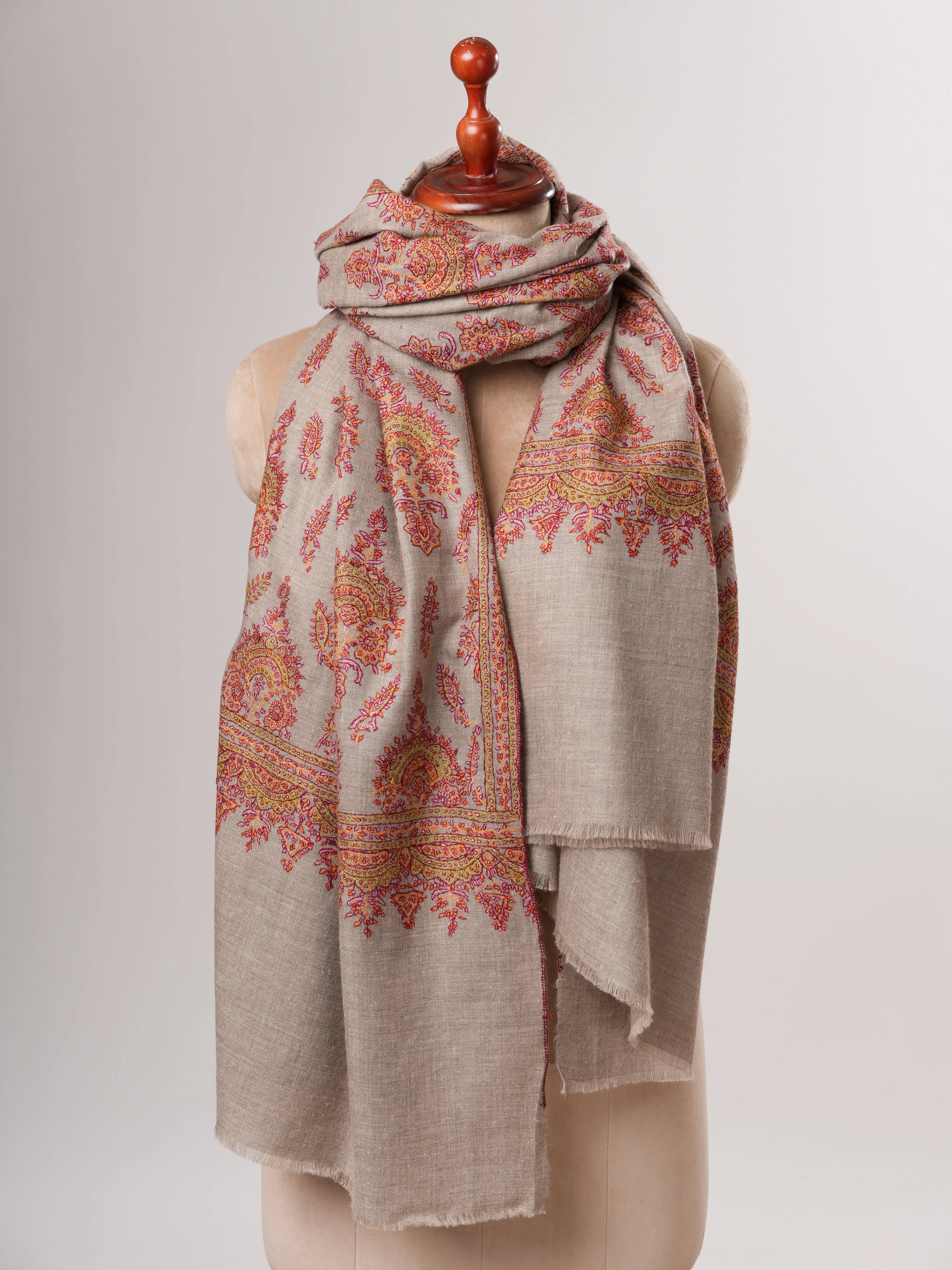 Natural Grey Kashmiri Pashmina Shawl with Classic Khakikaar Embroidery Shahkaar