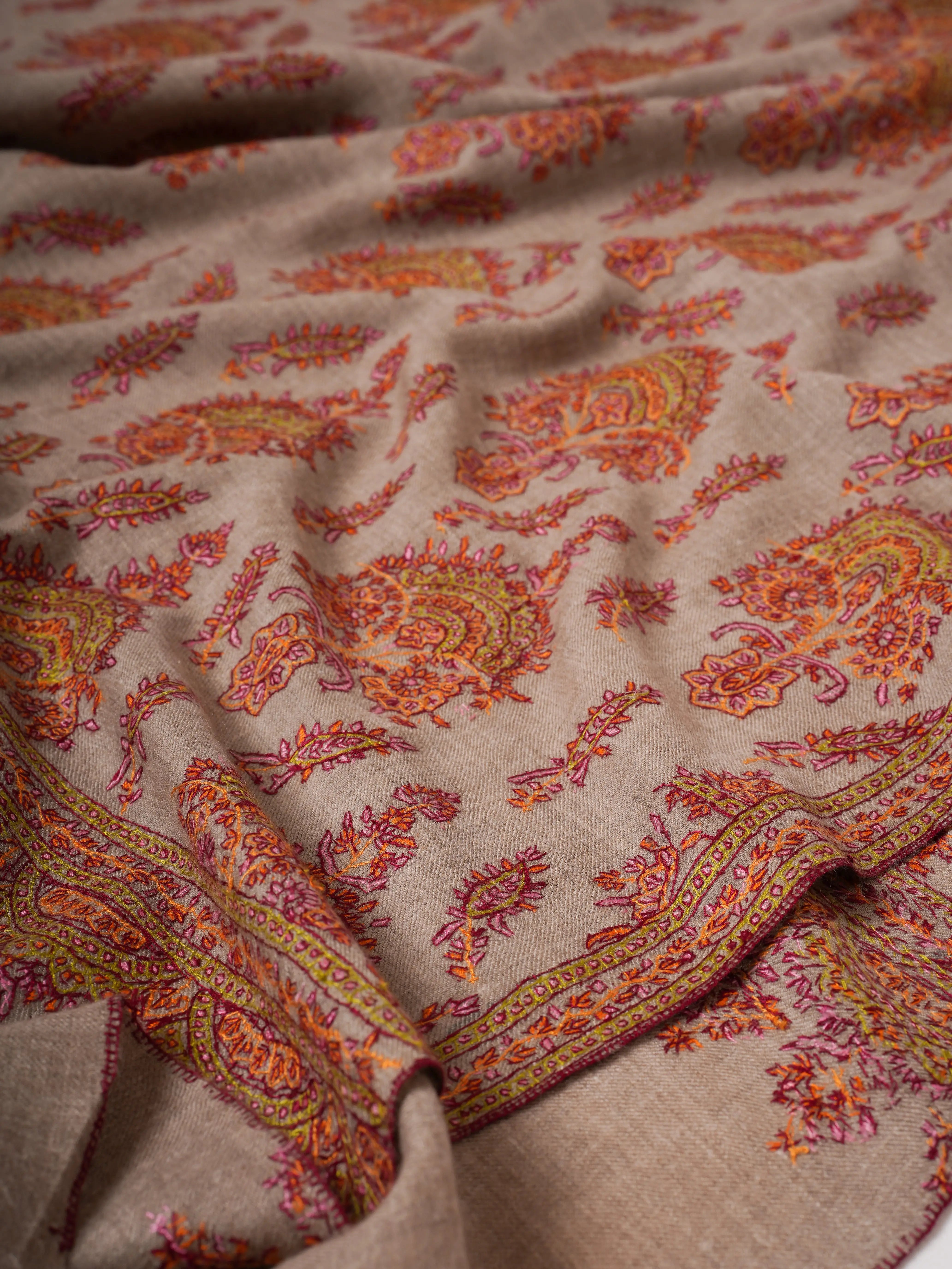 Natural Grey Kashmiri Pashmina Shawl with Classic Khakikaar Embroidery Shahkaar