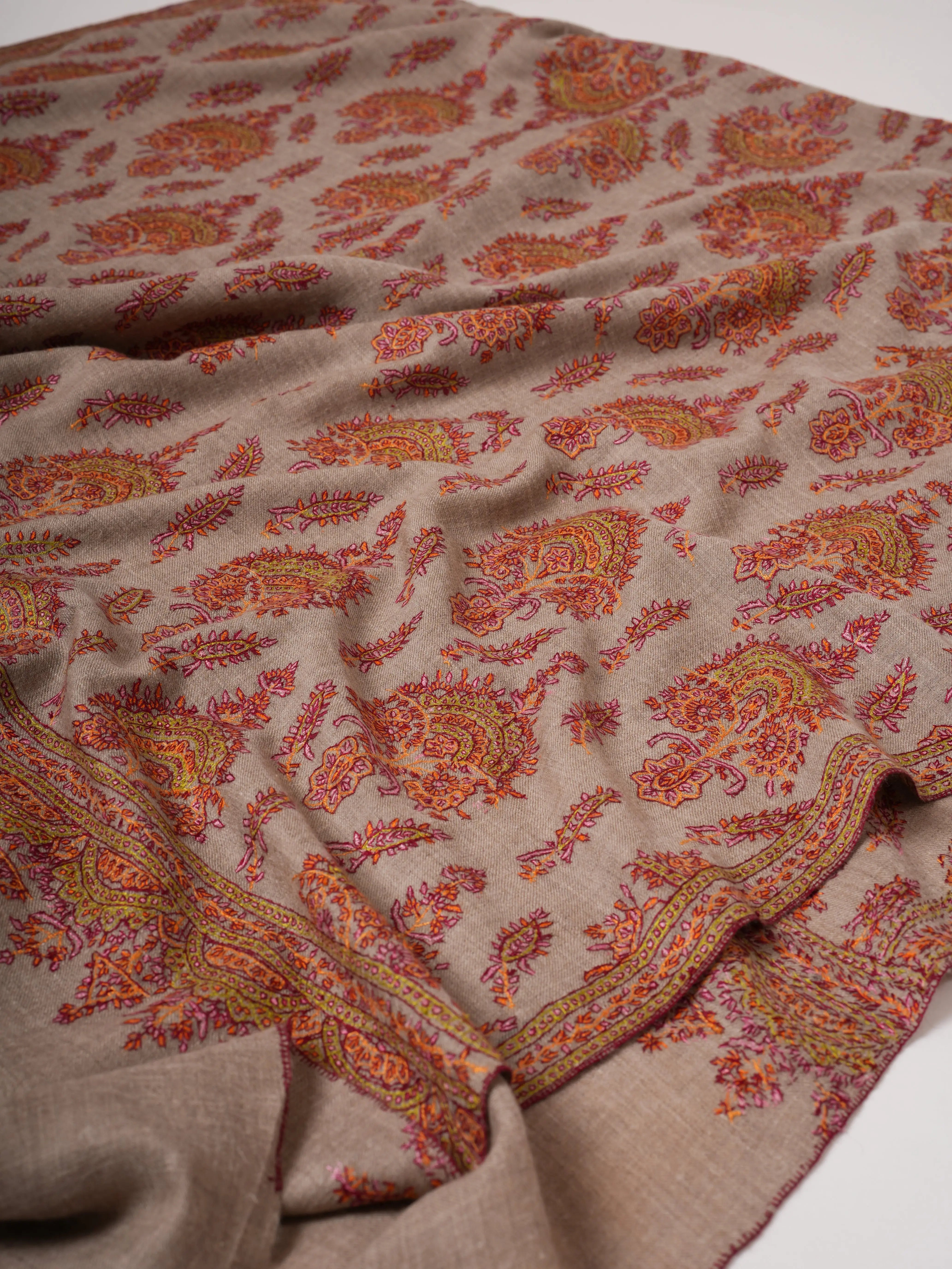 Natural Grey Kashmiri Pashmina Shawl with Classic Khakikaar Embroidery Shahkaar