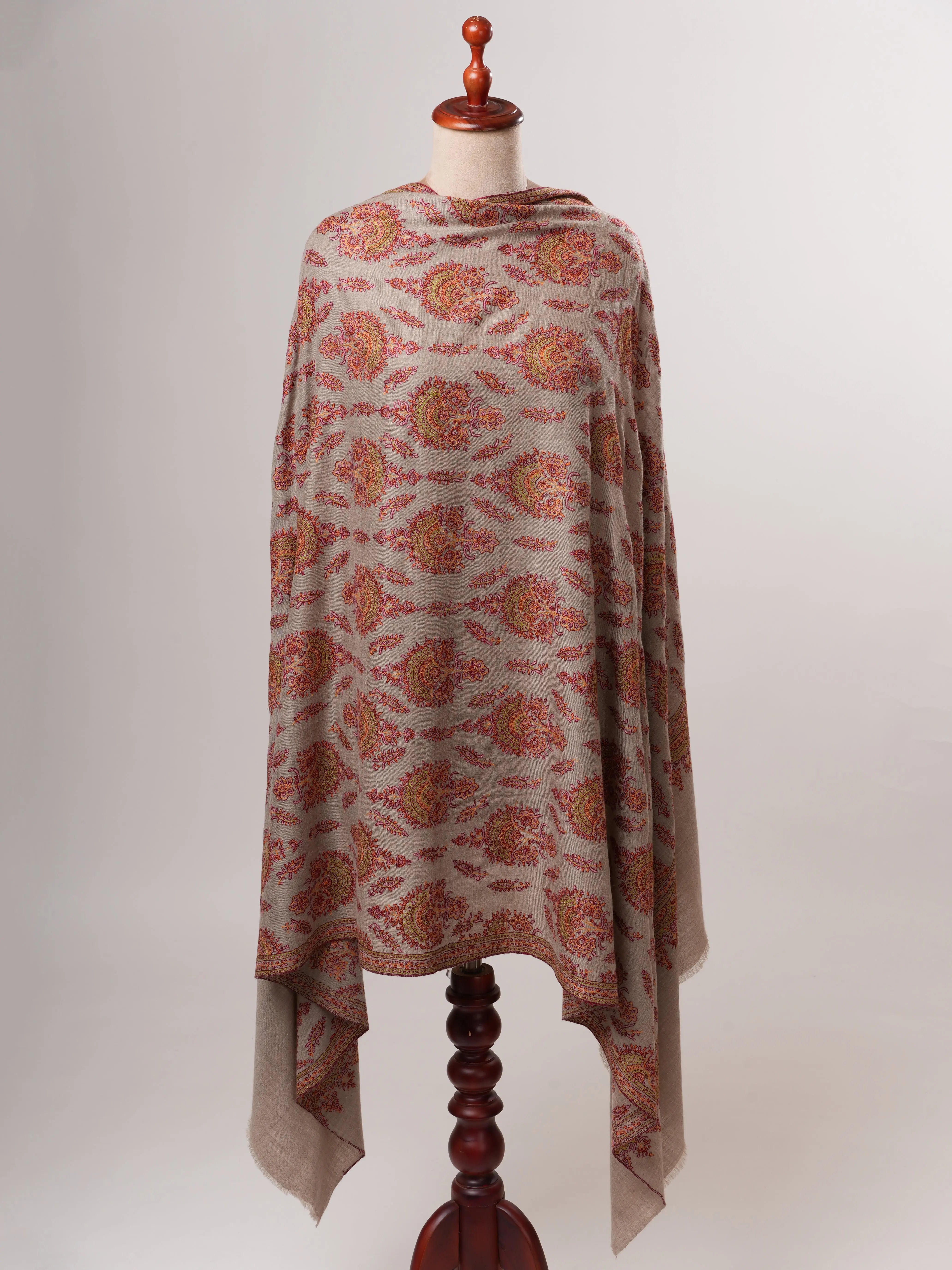 Natural Grey Kashmiri Pashmina Shawl with Classic Khakikaar Embroidery Shahkaar