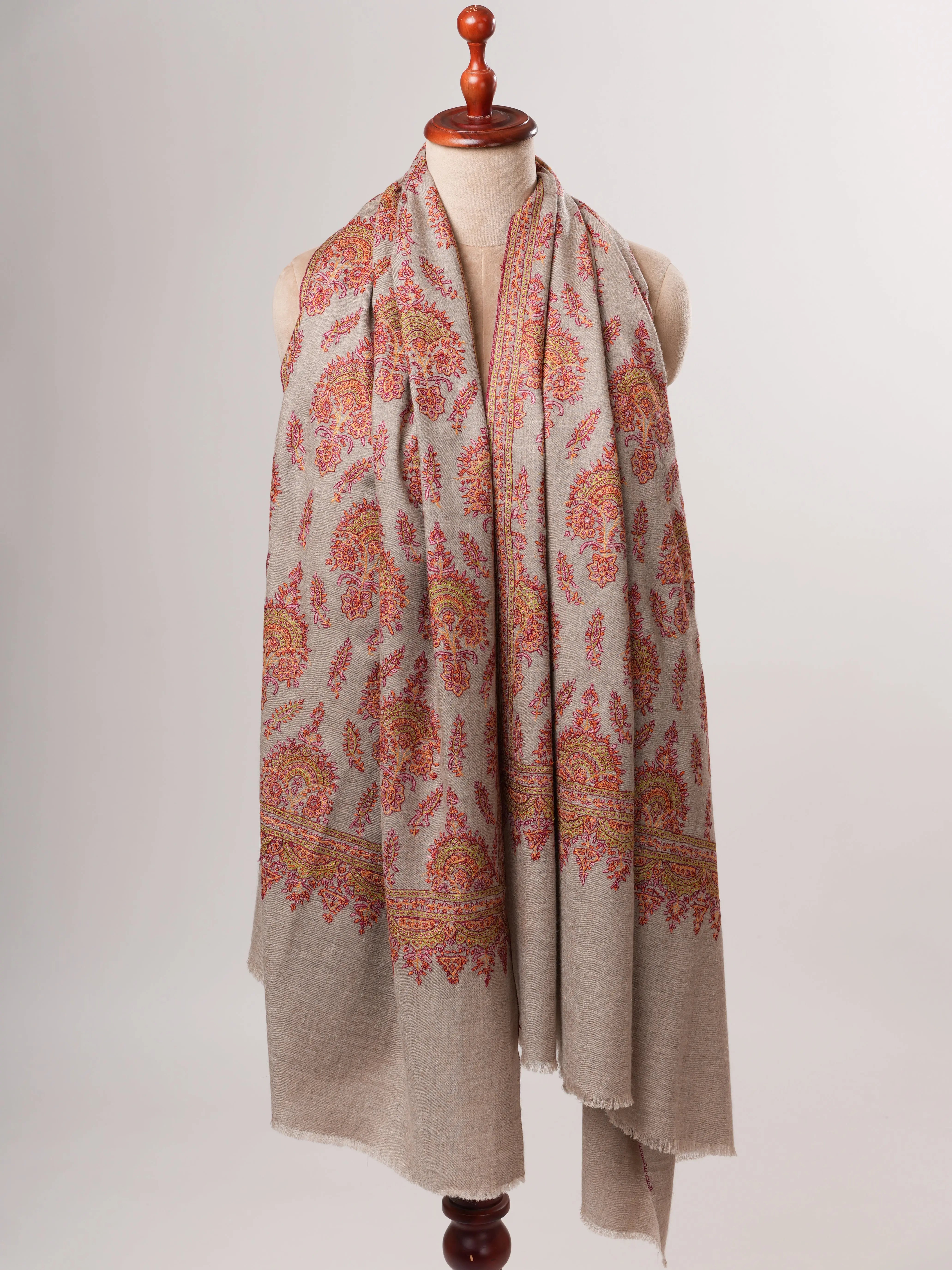 Natural Grey Kashmiri Pashmina Shawl with Classic Khakikaar Embroidery Shahkaar
