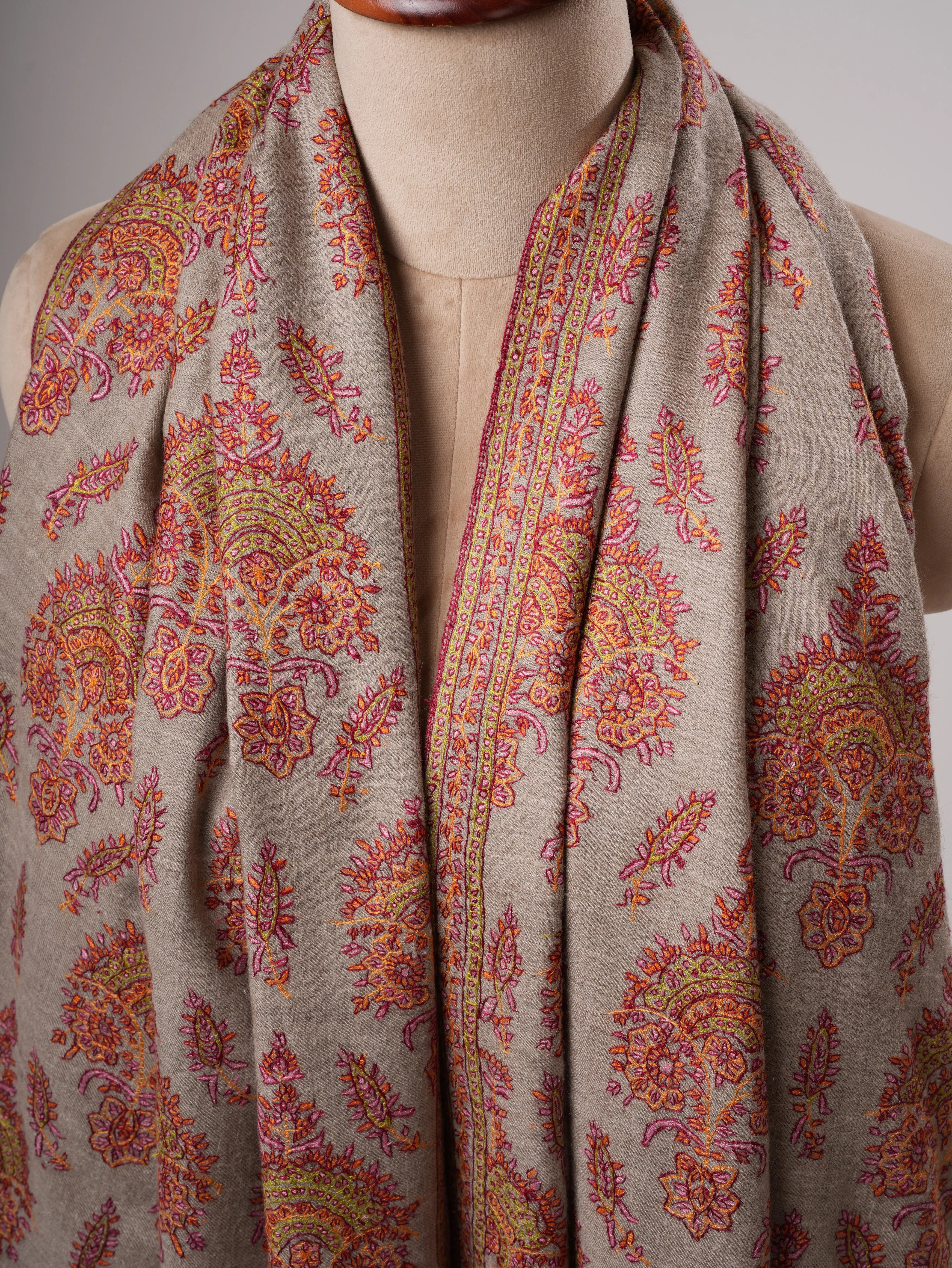 Natural Grey Kashmiri Pashmina Shawl with Classic Khakikaar Embroidery Shahkaar