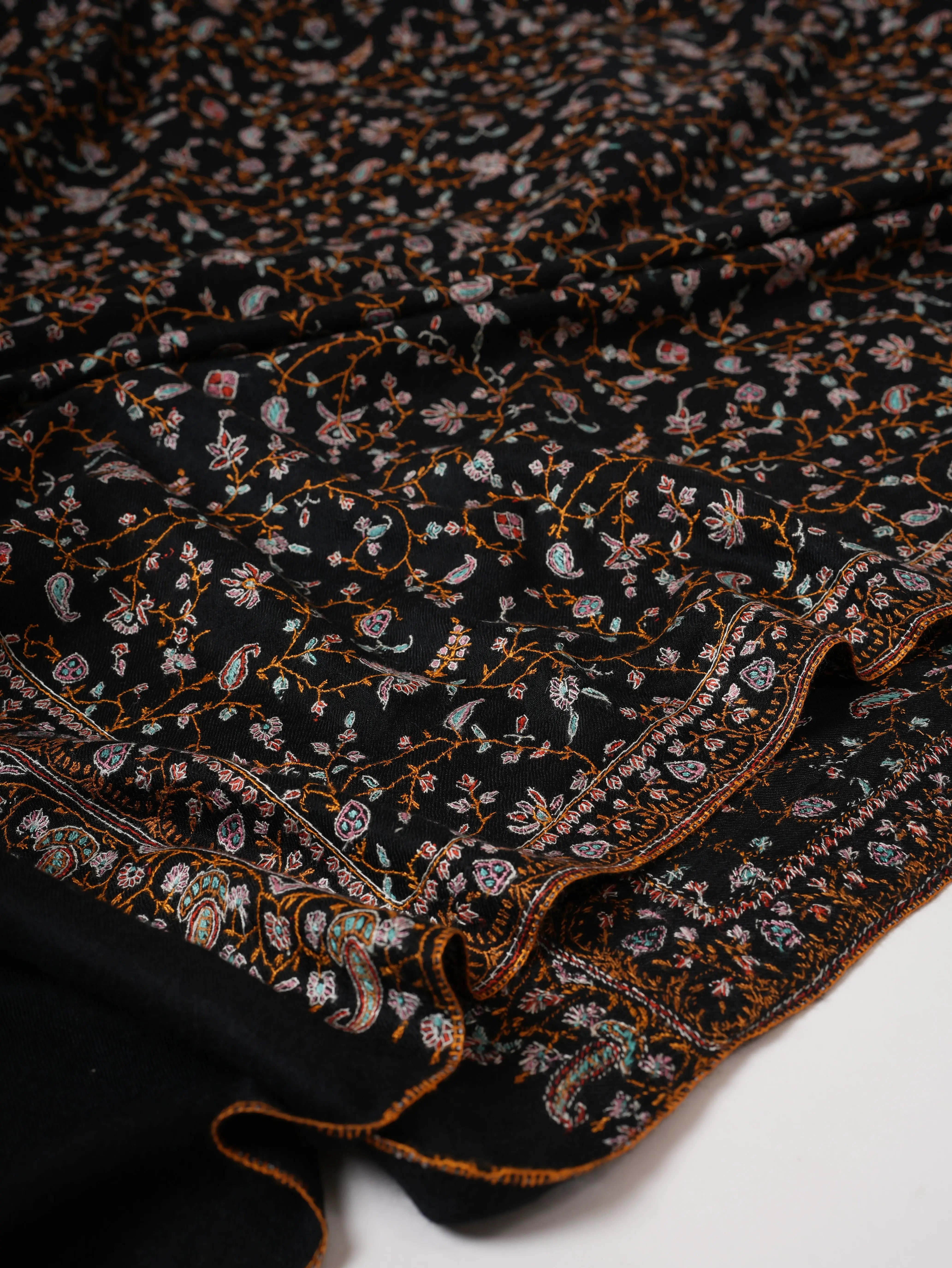 Black Pashmina Shawl with Dense Hand Embroidery Jali Shahkaar