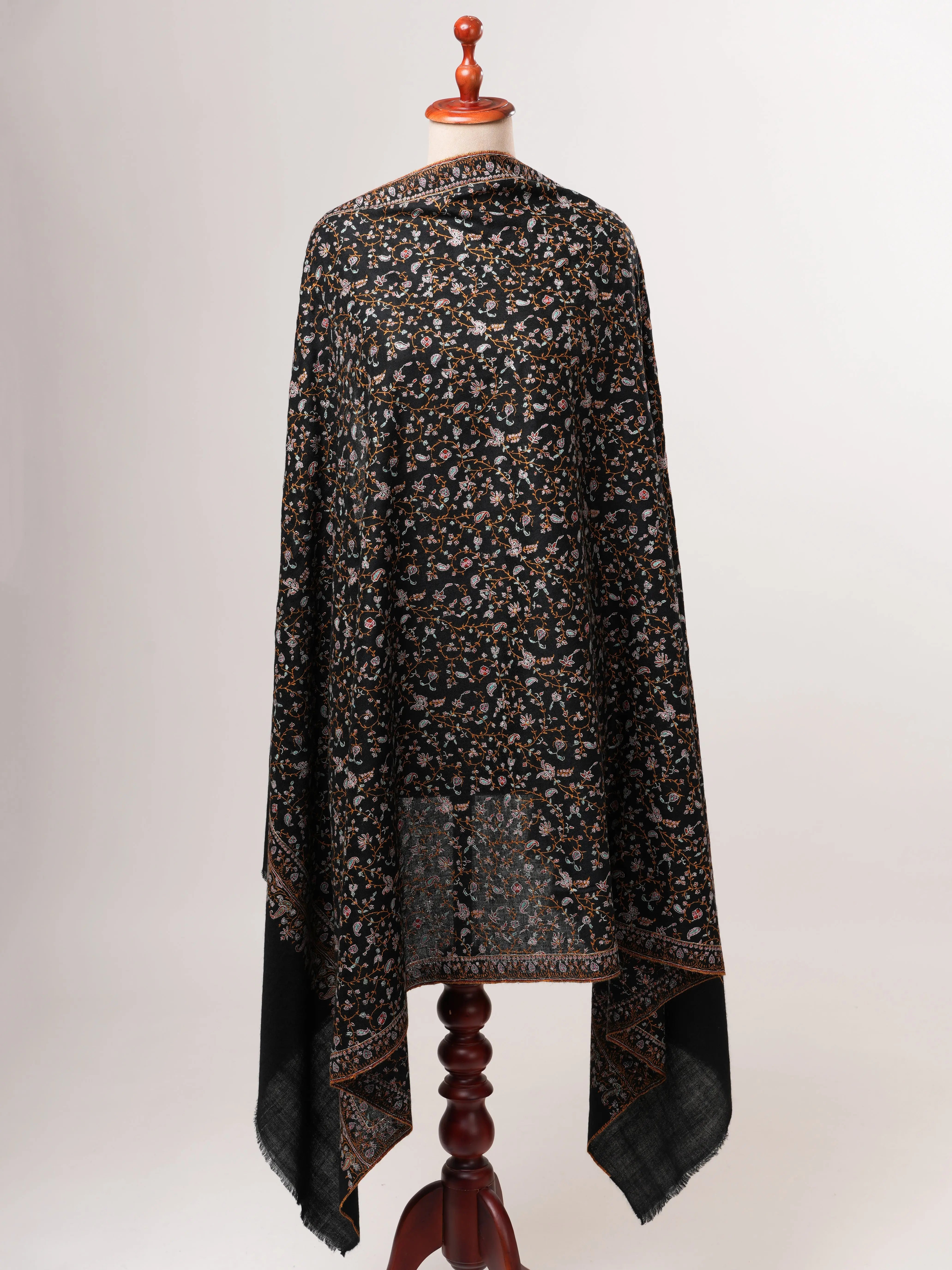 Black Pashmina Shawl with Dense Hand Embroidery Jali Shahkaar