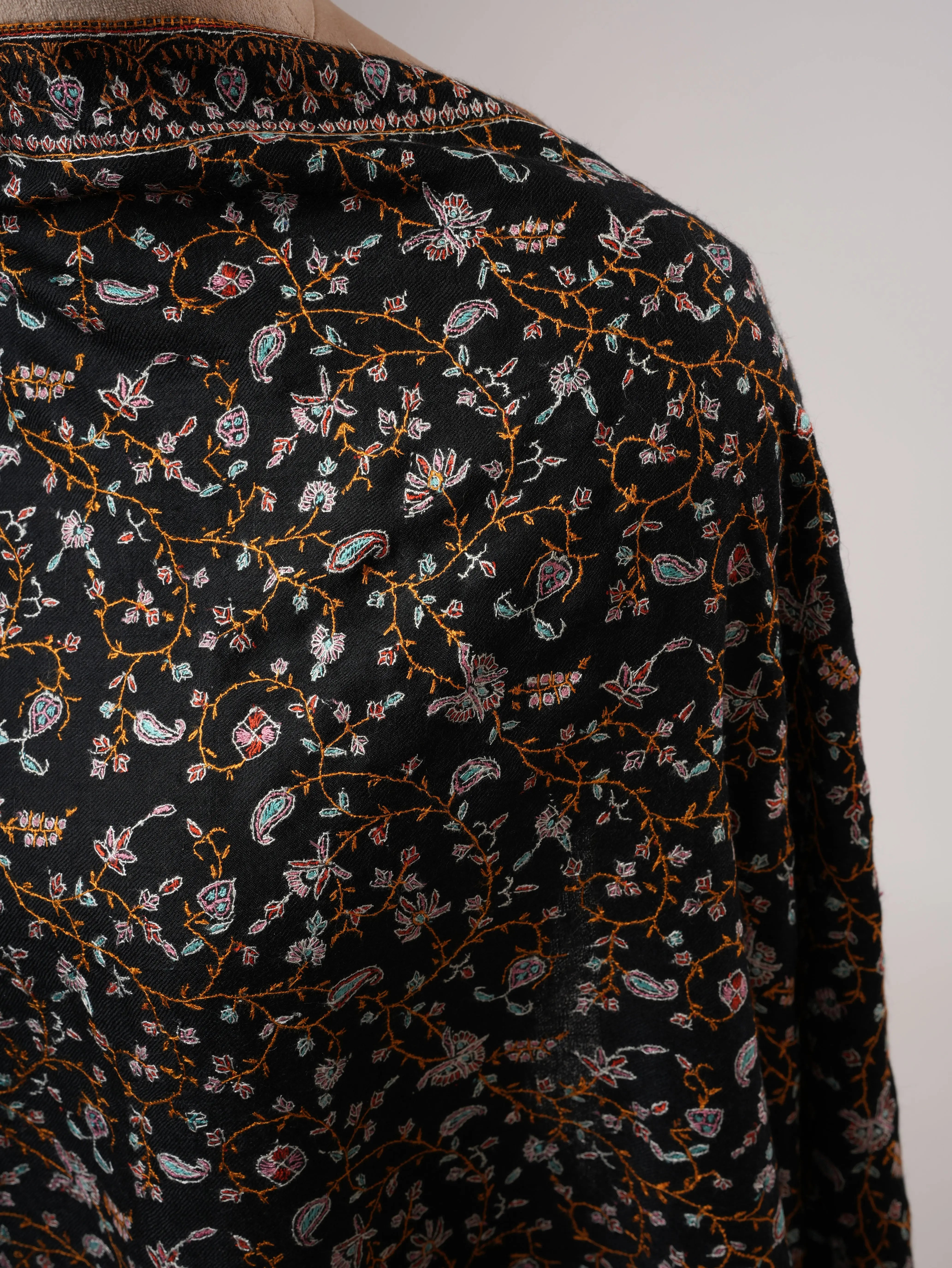 Black Pashmina Shawl with Dense Hand Embroidery Jali Shahkaar