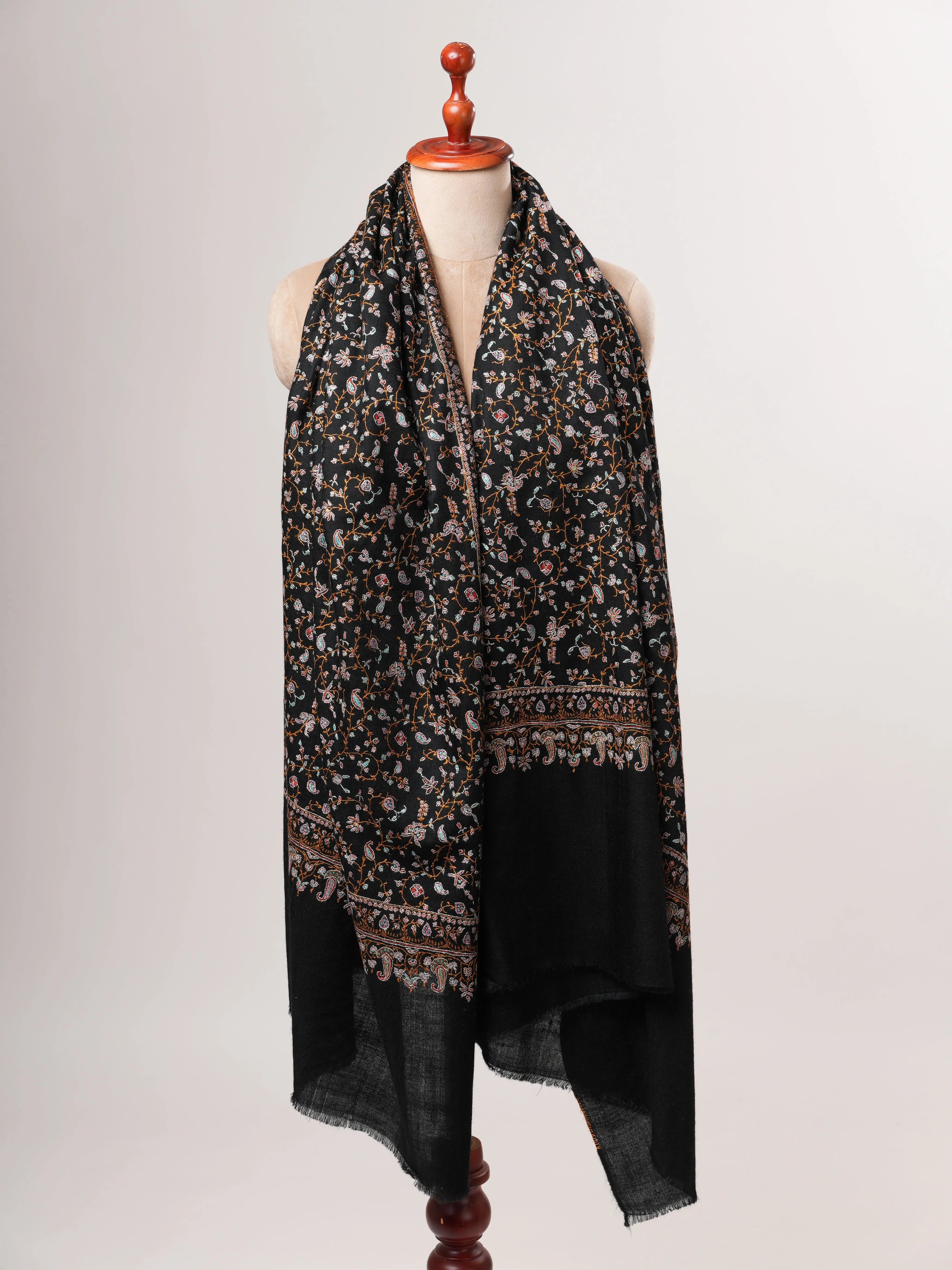 Black Pashmina Shawl with Dense Hand Embroidery Jali Shahkaar