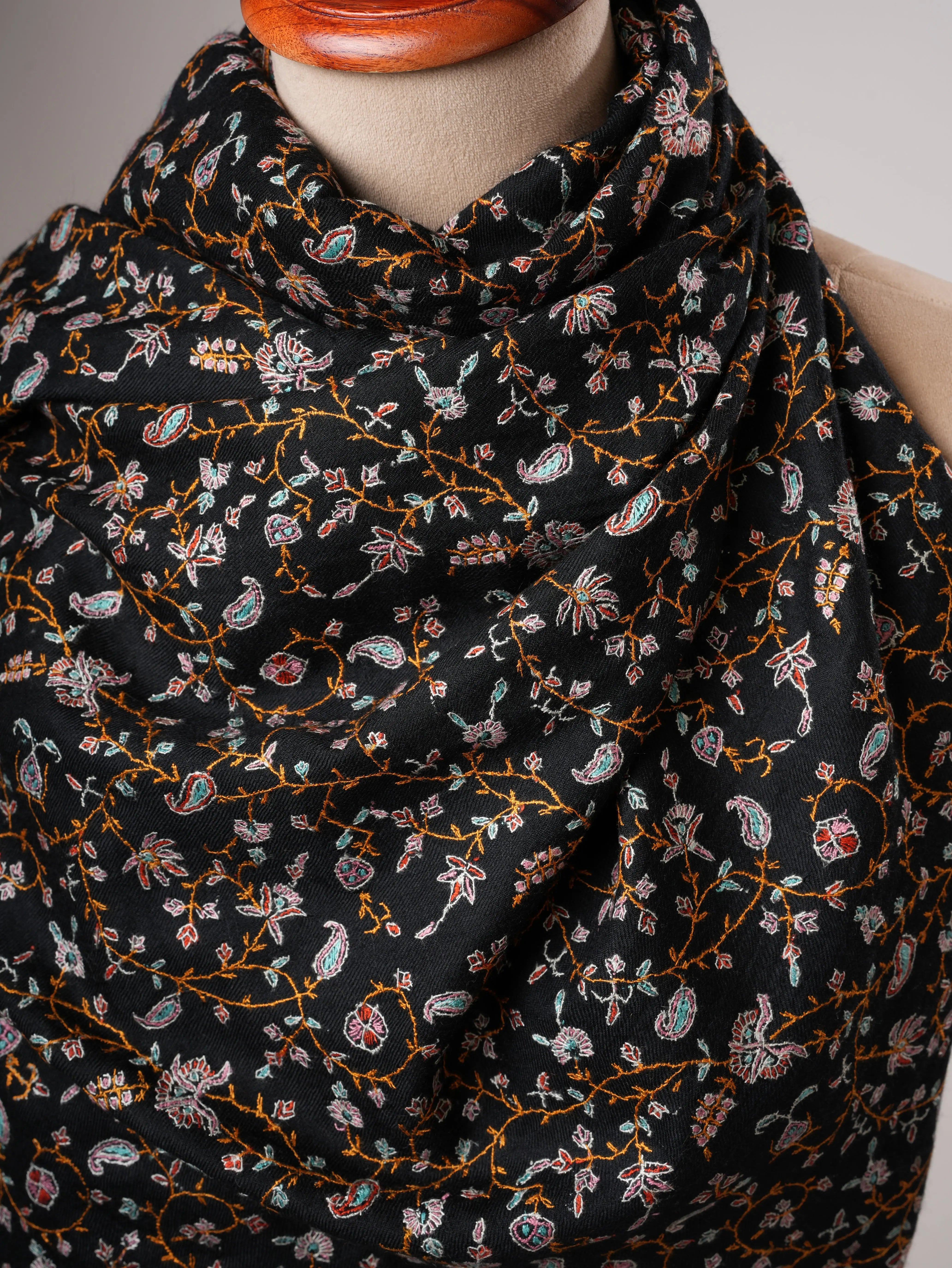 Black Pashmina Shawl with Dense Hand Embroidery Jali Shahkaar