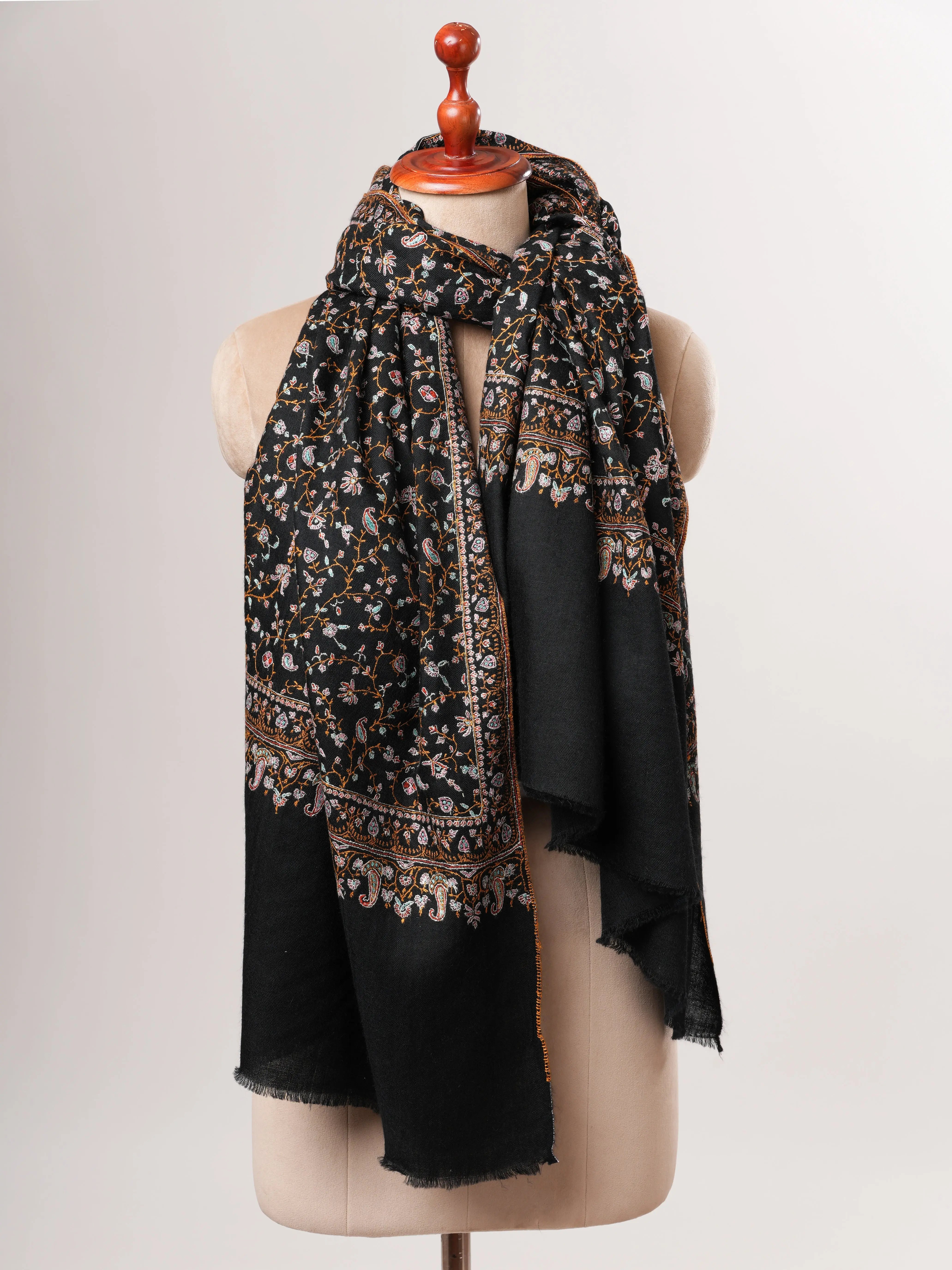 Black Pashmina Shawl with Dense Hand Embroidery Jali Shahkaar