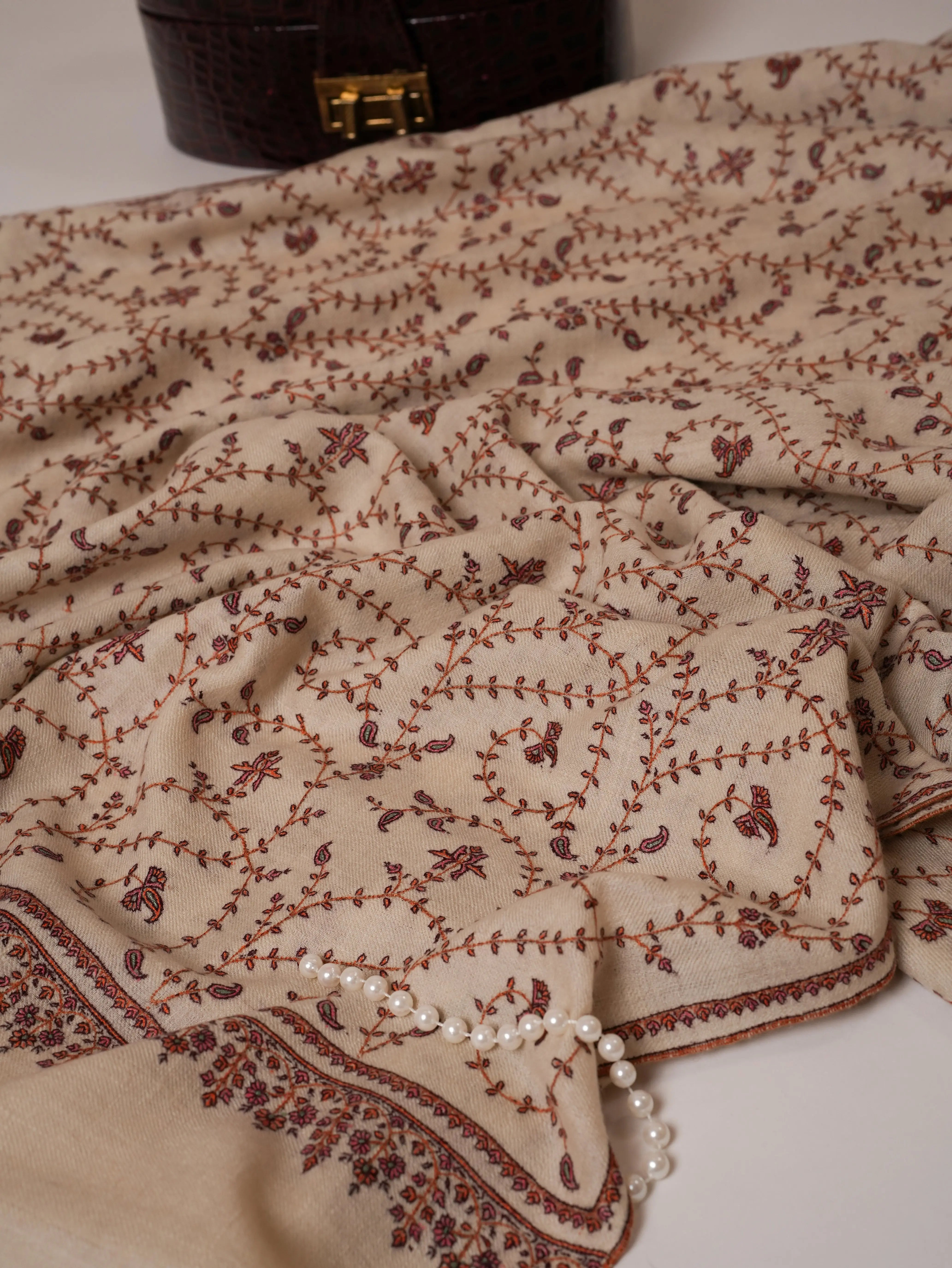Ivory Pashmina Shawl with Detailed Hand Sozni Embroidery Shahkaar Global
