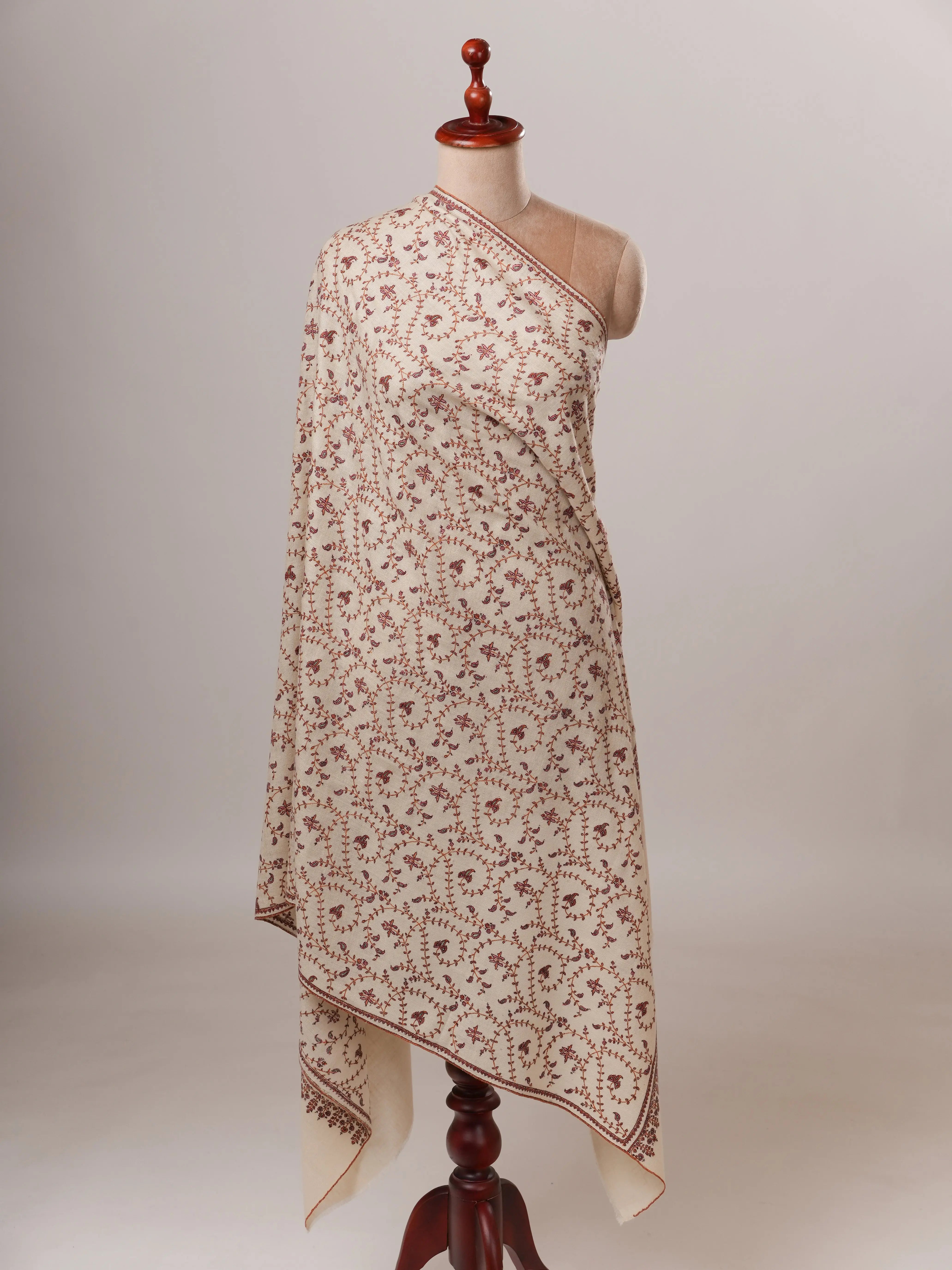 Ivory Pashmina Shawl with Detailed Hand Sozni Embroidery Shahkaar Global