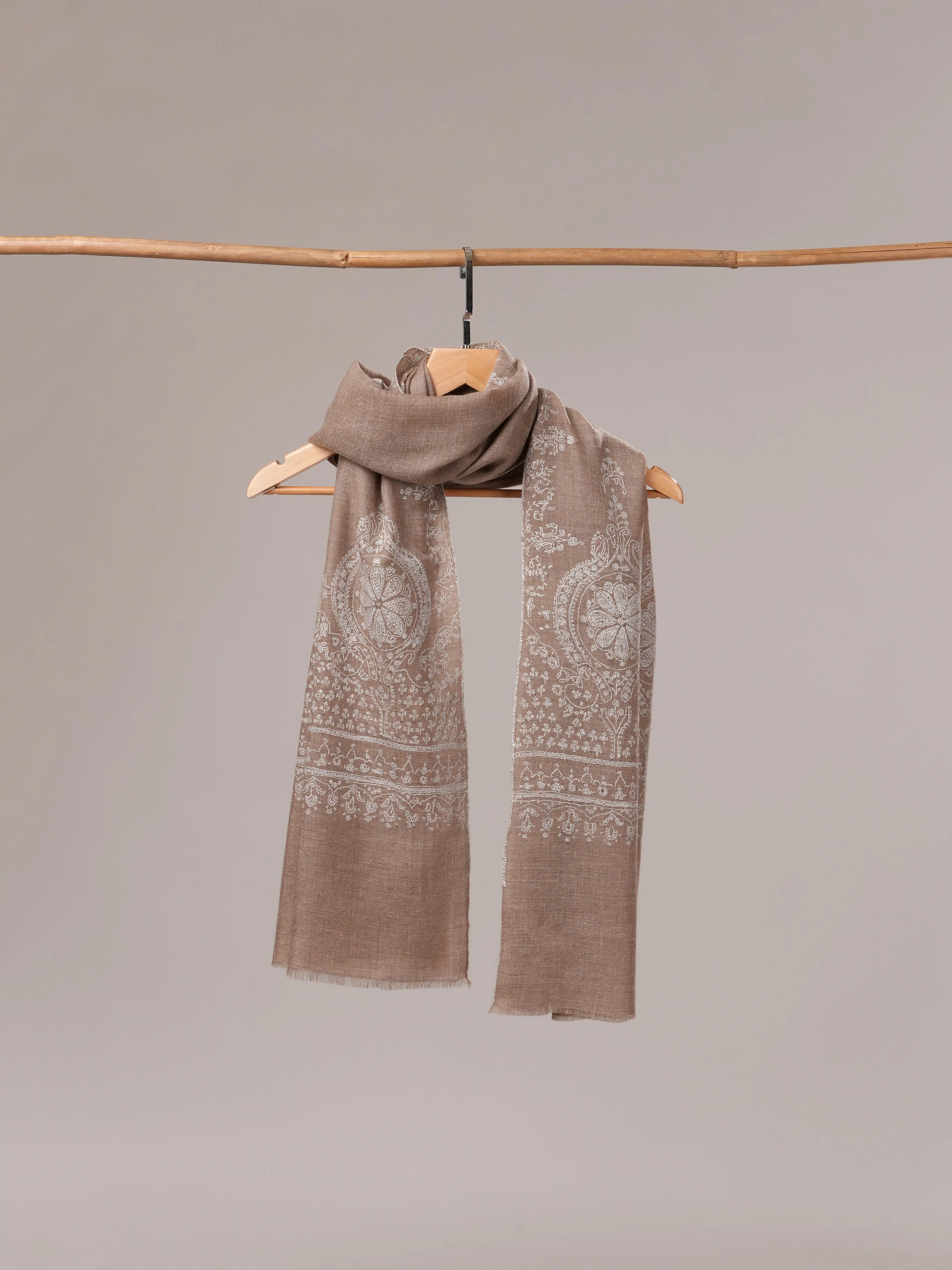 Natural Grey Cashmere Scarf with White Hand Embroidery Shahkaar.com