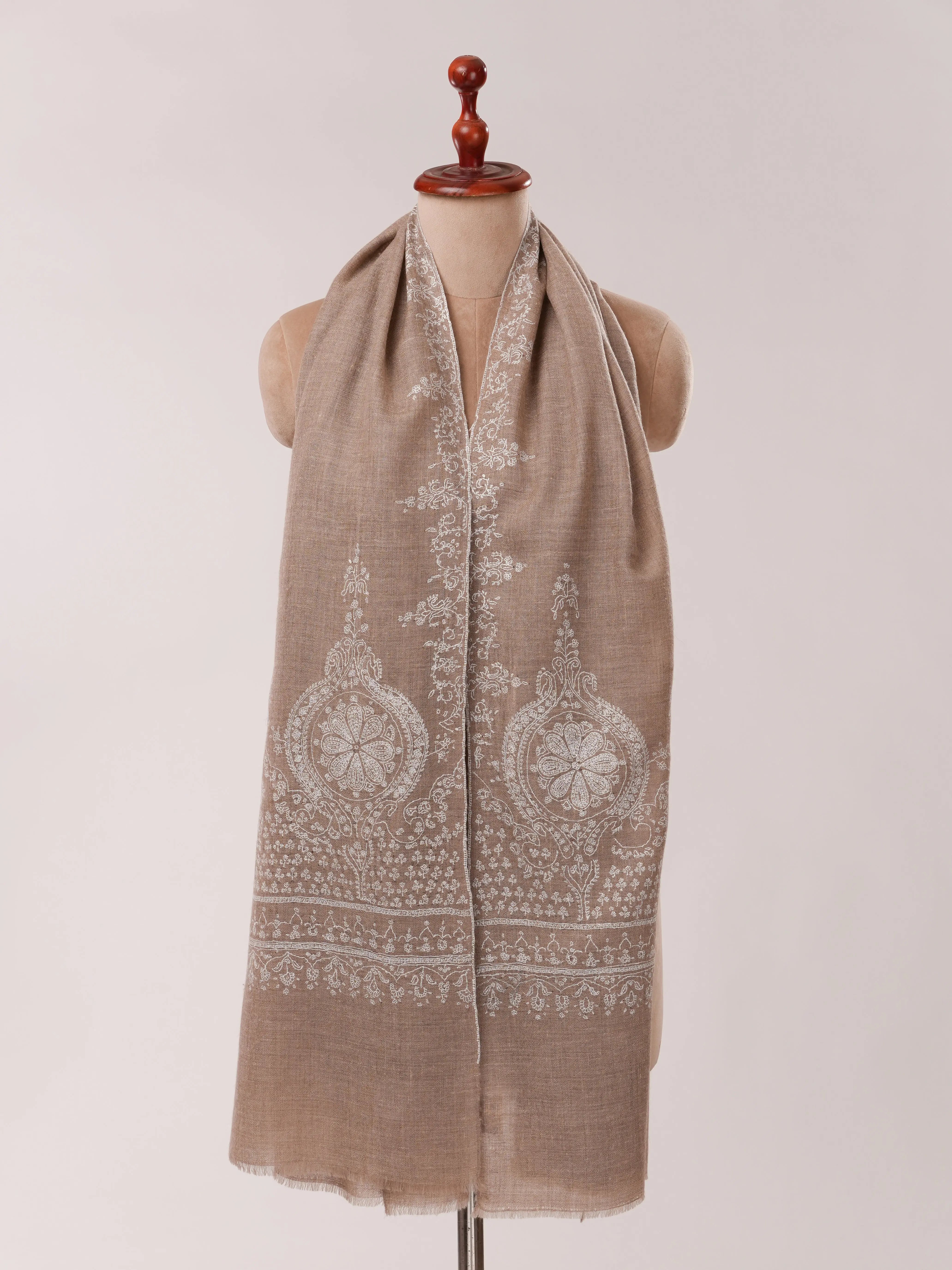 Natural Grey Cashmere Scarf with White Hand Embroidery Shahkaar.com