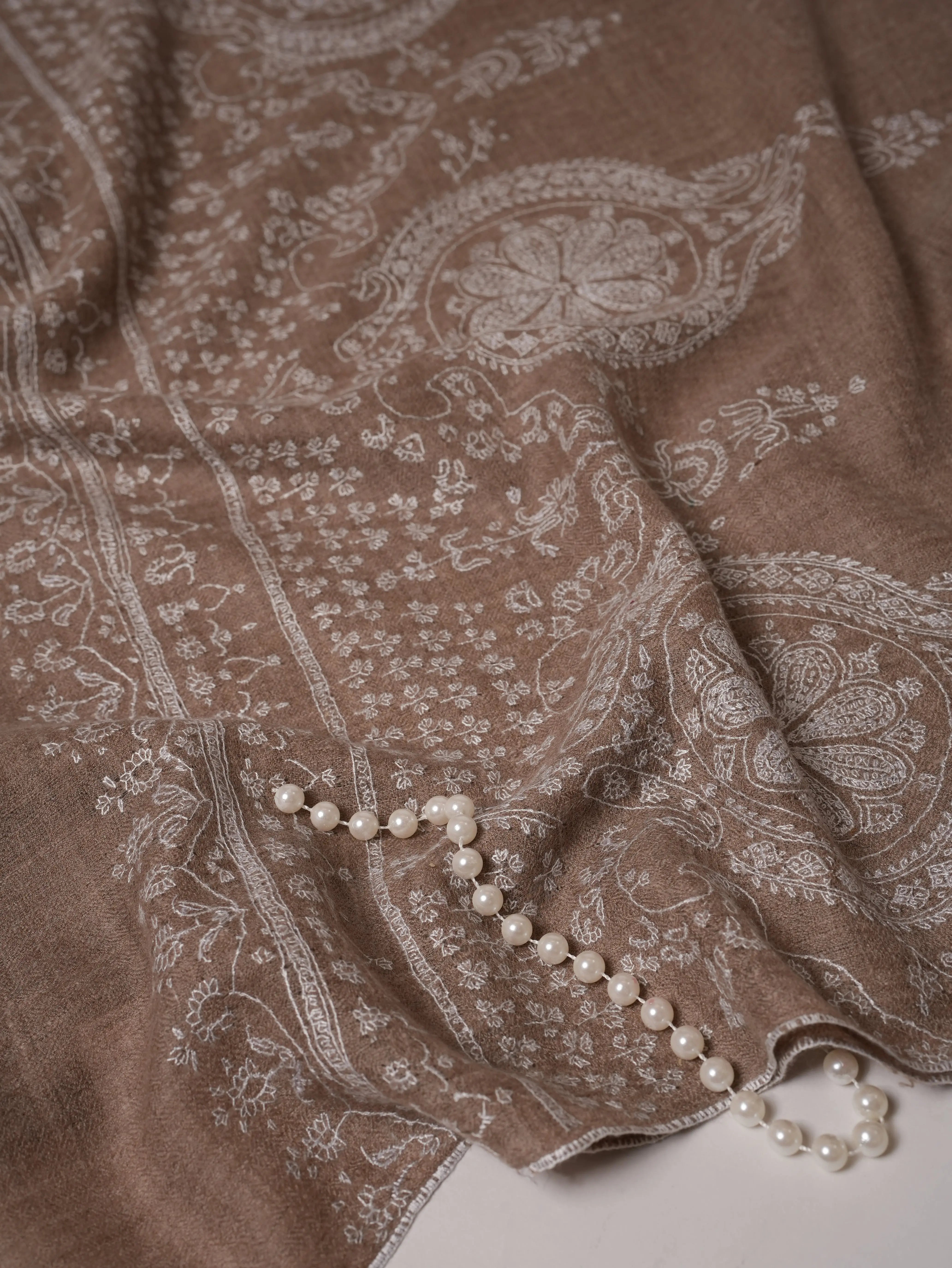 Natural Grey Cashmere Scarf with White Hand Embroidery Shahkaar.com