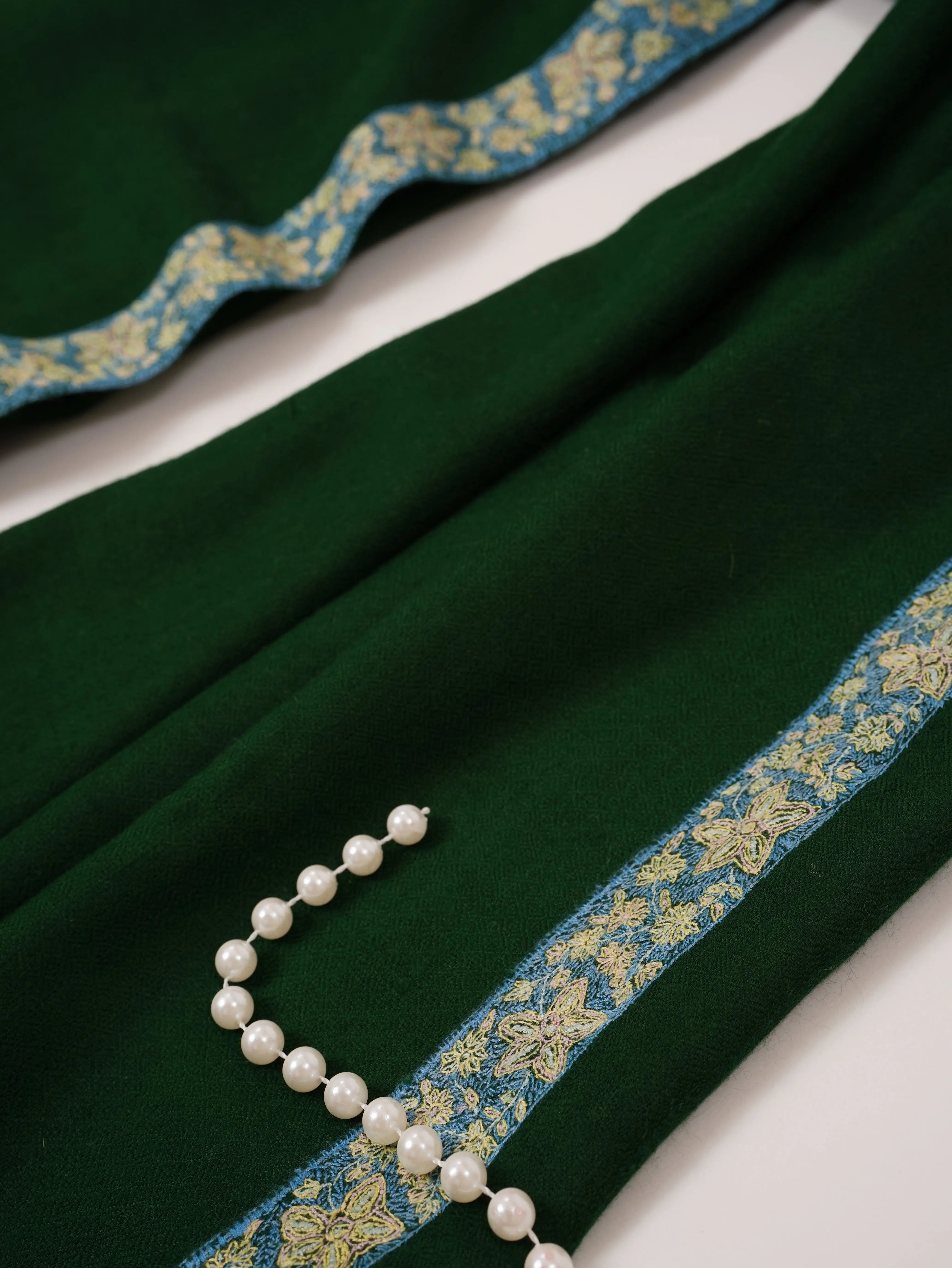 Deep Forest Green Handwoven Cashmere Scarf with Border Embroidery Shahkaar.com