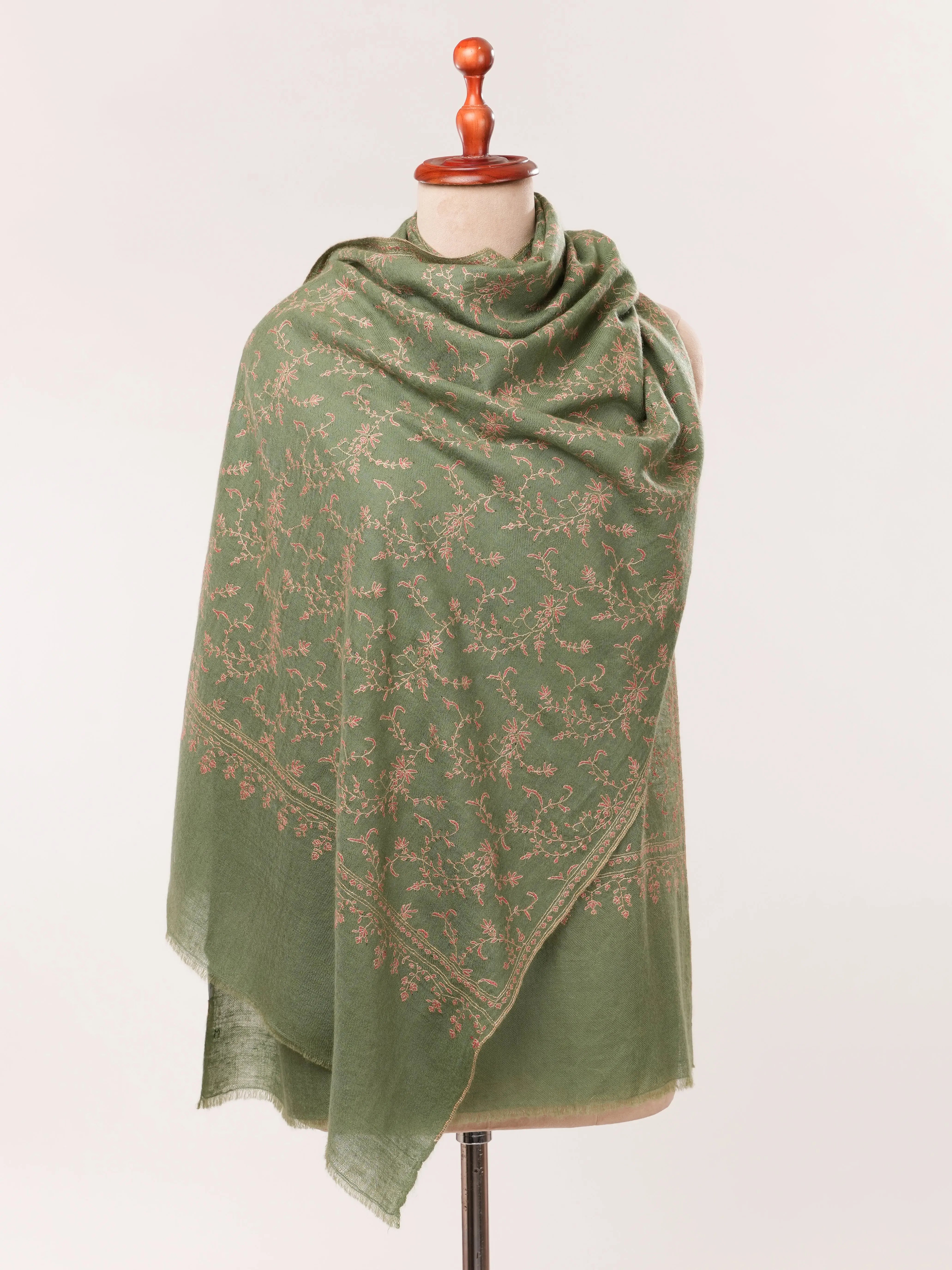 Muted Sage Green Handwoven Cashmere Scarf with Jali Embroidery Shahkaar.com