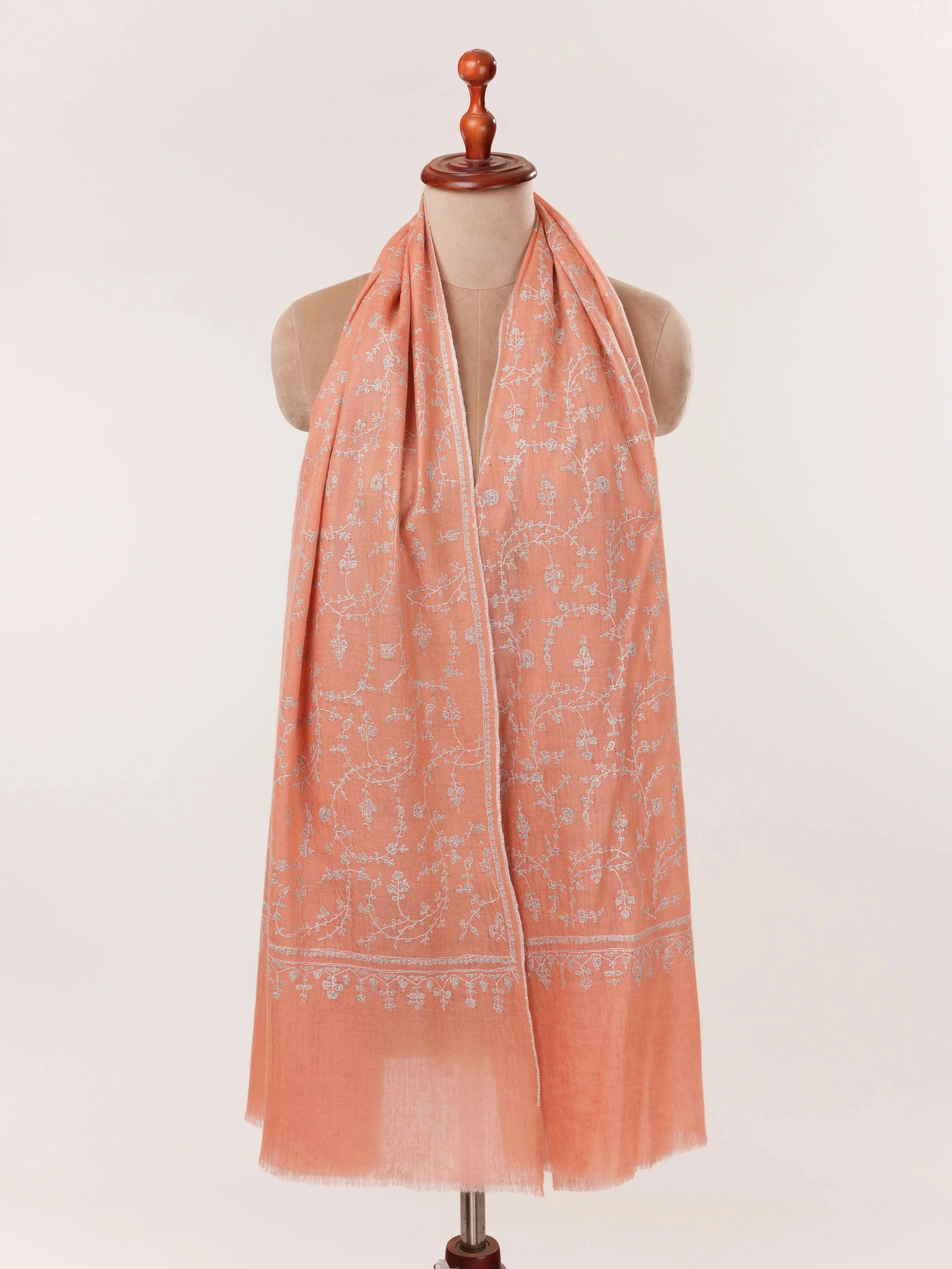 Soft Peach Featherlight Cashmere Scarf with Needlework Jali Embroidery Shahkaar.com