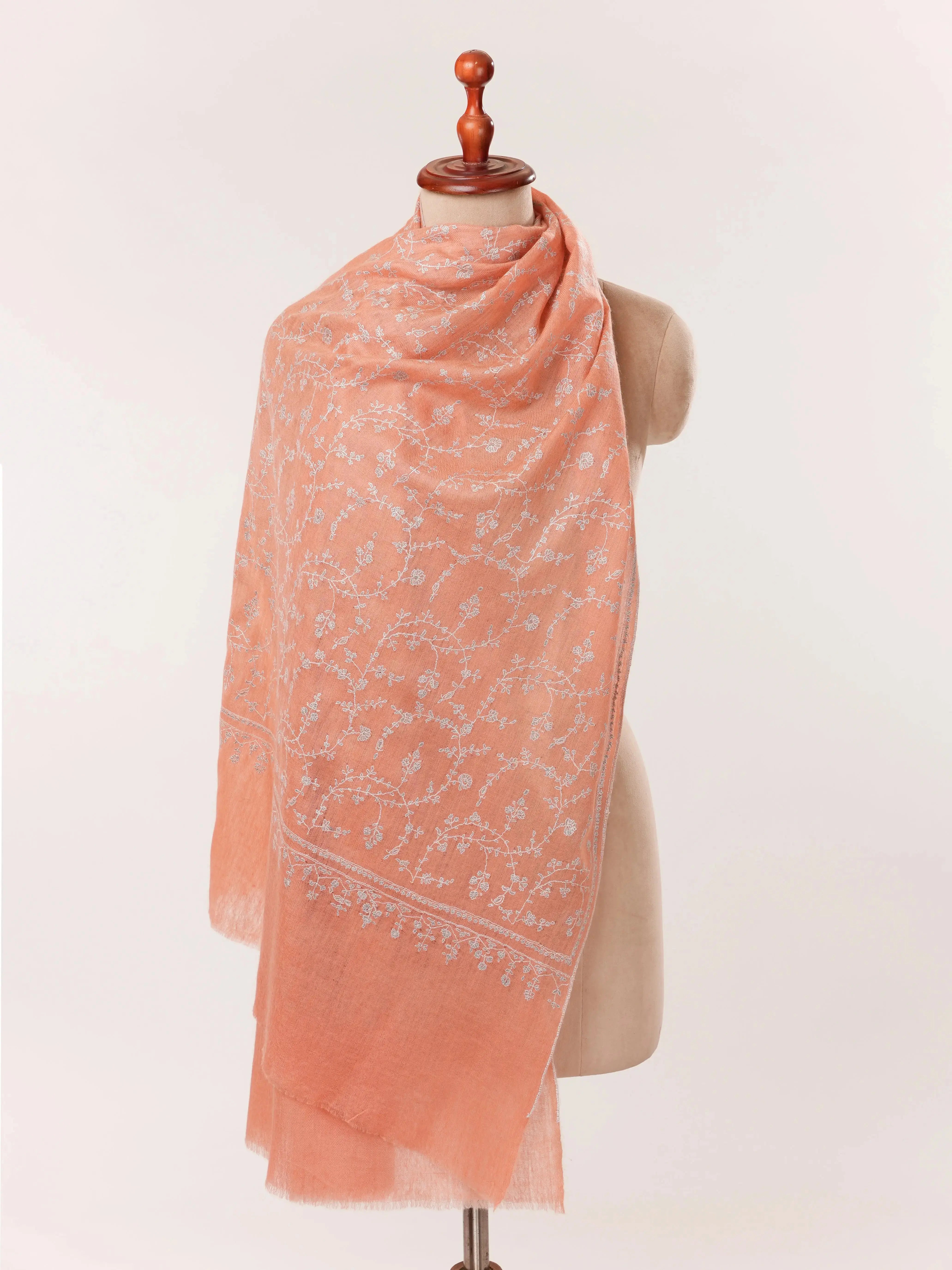 Soft Peach Featherlight Cashmere Scarf with Needlework Jali Embroidery Shahkaar.com