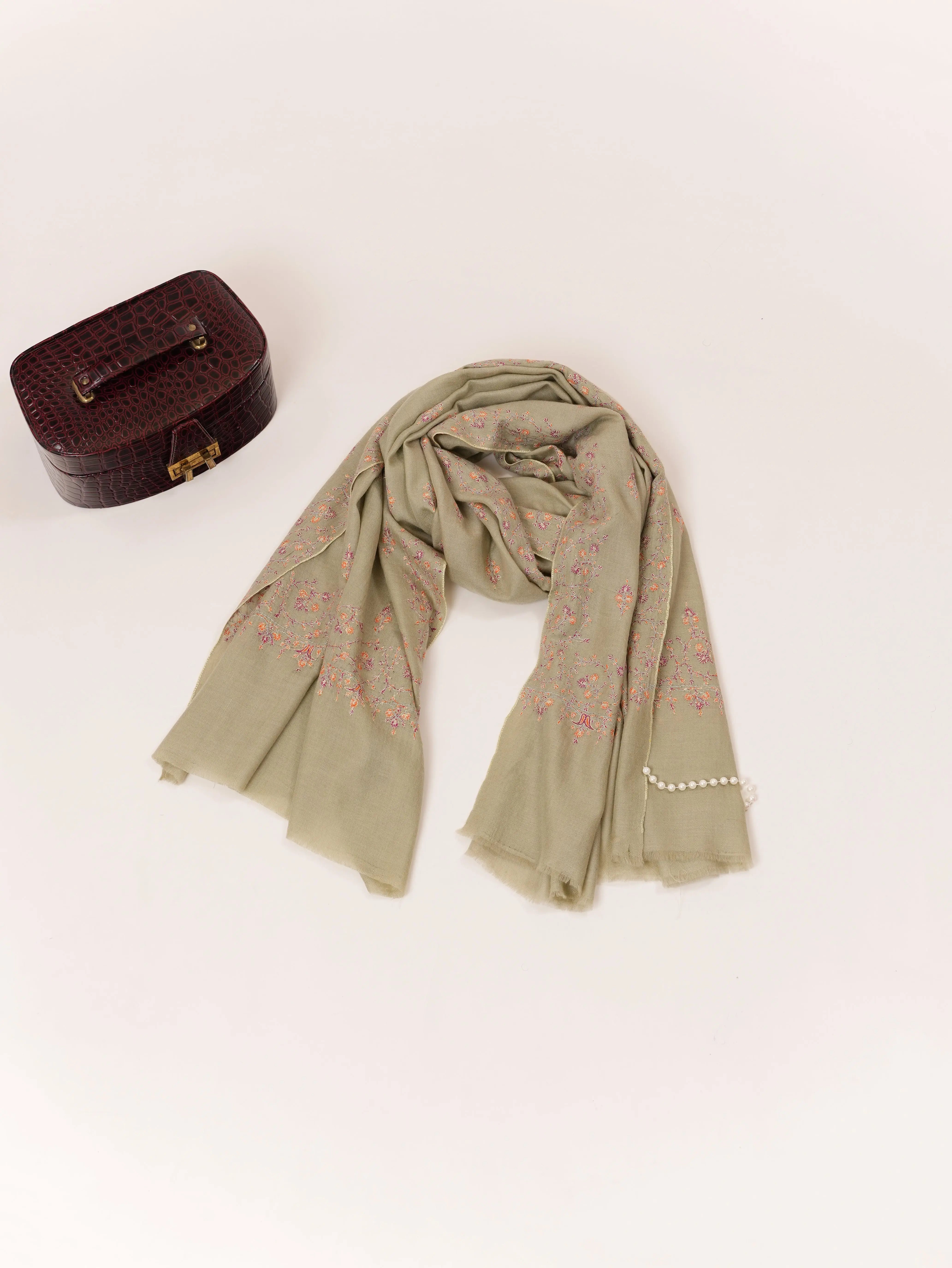 Fresh Green Handwoven Kashmiri Pashmina Shawl with Buteh Hand Sozni Embroidery Shahkaar.com