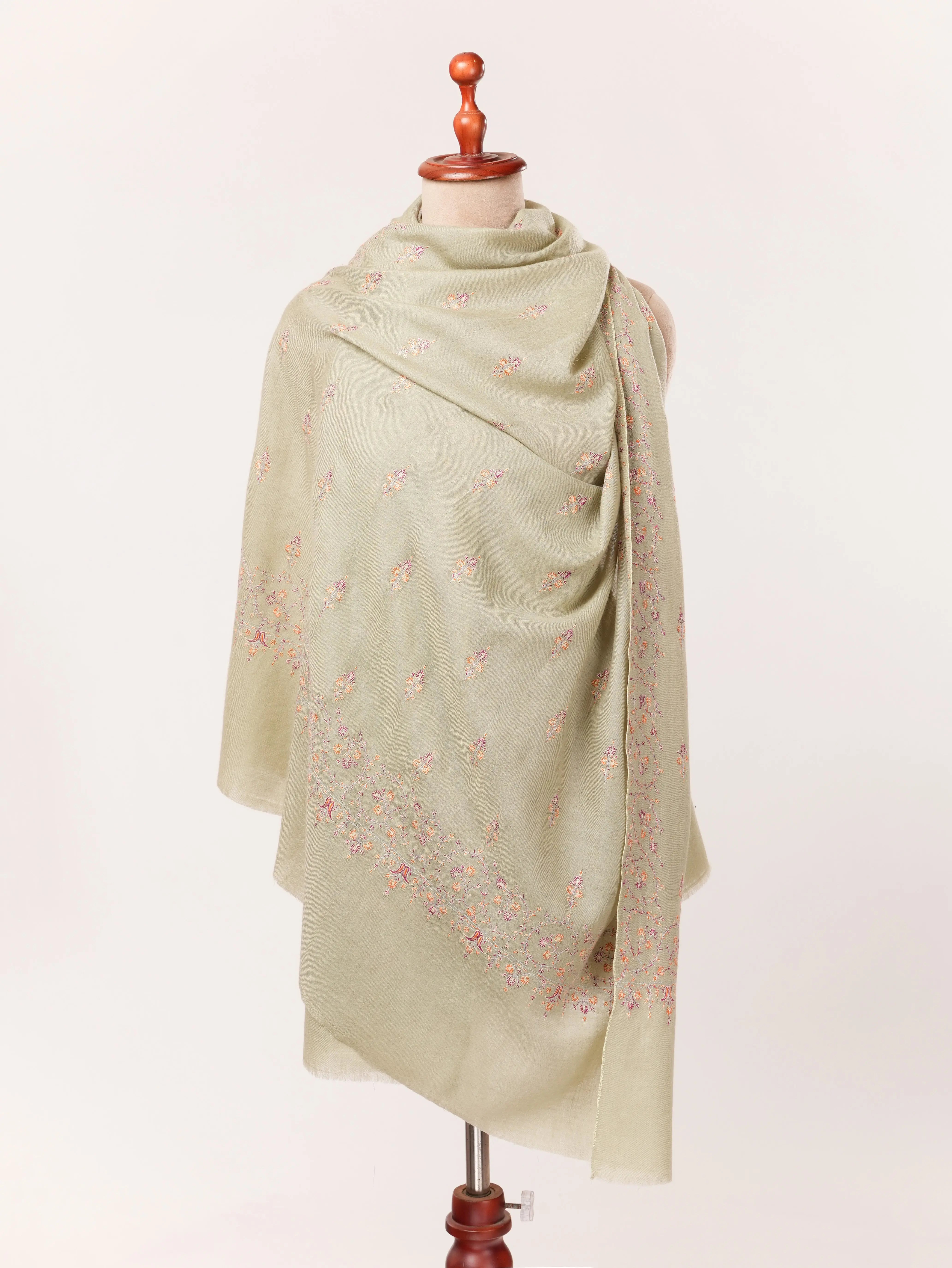 Fresh Green Handwoven Kashmiri Pashmina Shawl with Buteh Hand Sozni Embroidery Shahkaar.com