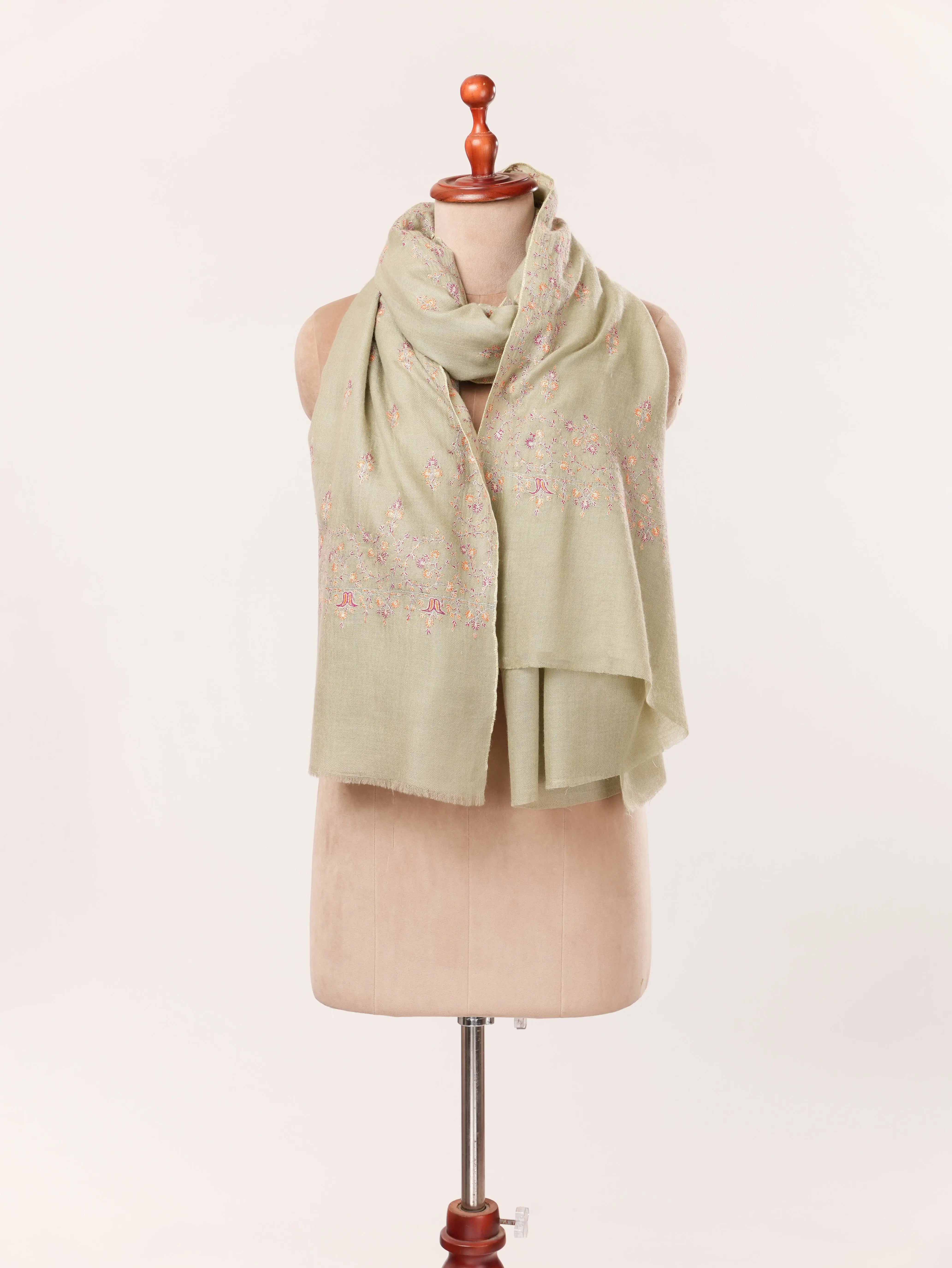 Fresh Green Handwoven Kashmiri Pashmina Shawl with Buteh Hand Sozni Embroidery Shahkaar.com