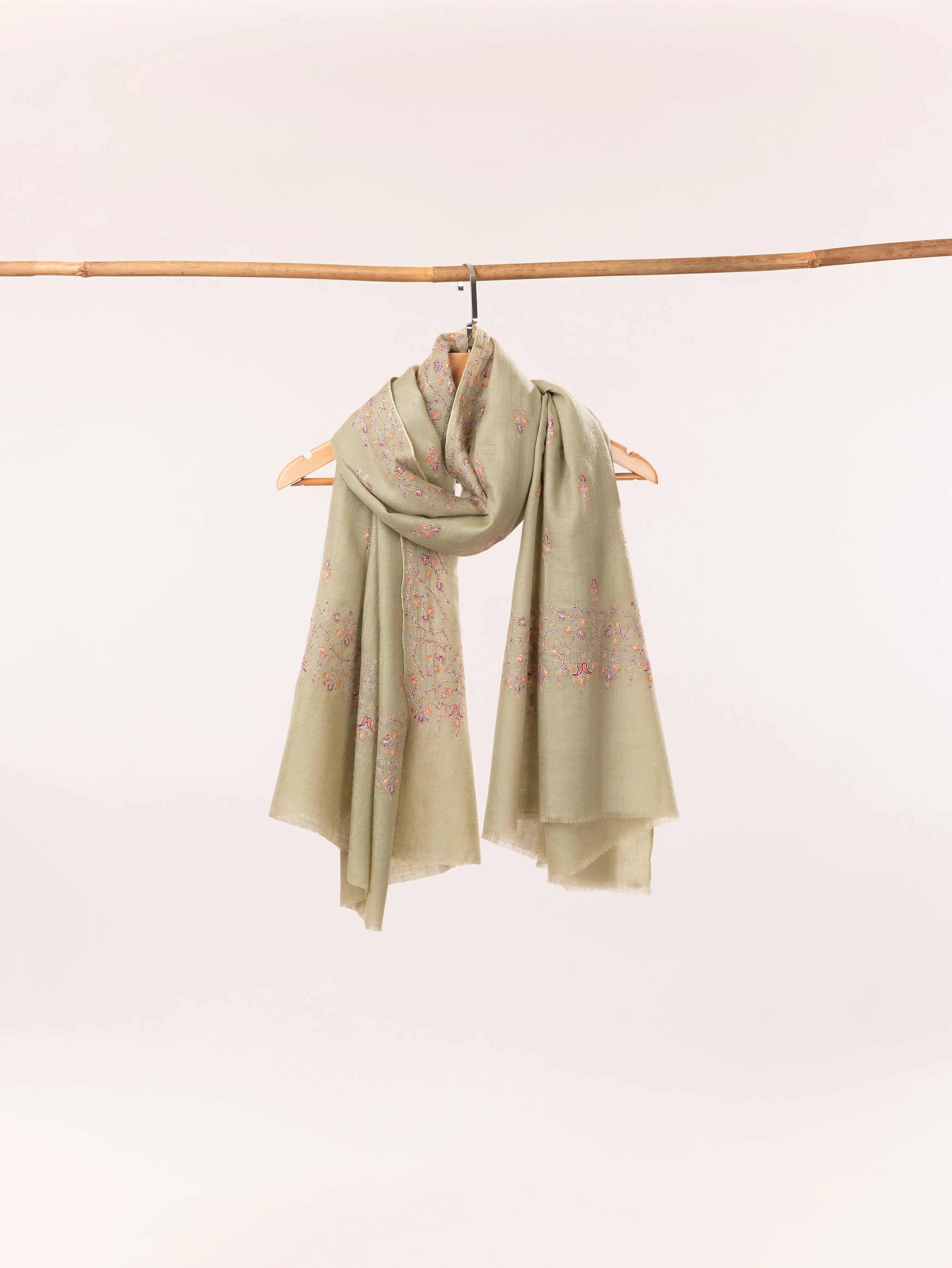 Fresh Green Handwoven Kashmiri Pashmina Shawl with Buteh Hand Sozni Embroidery Shahkaar.com