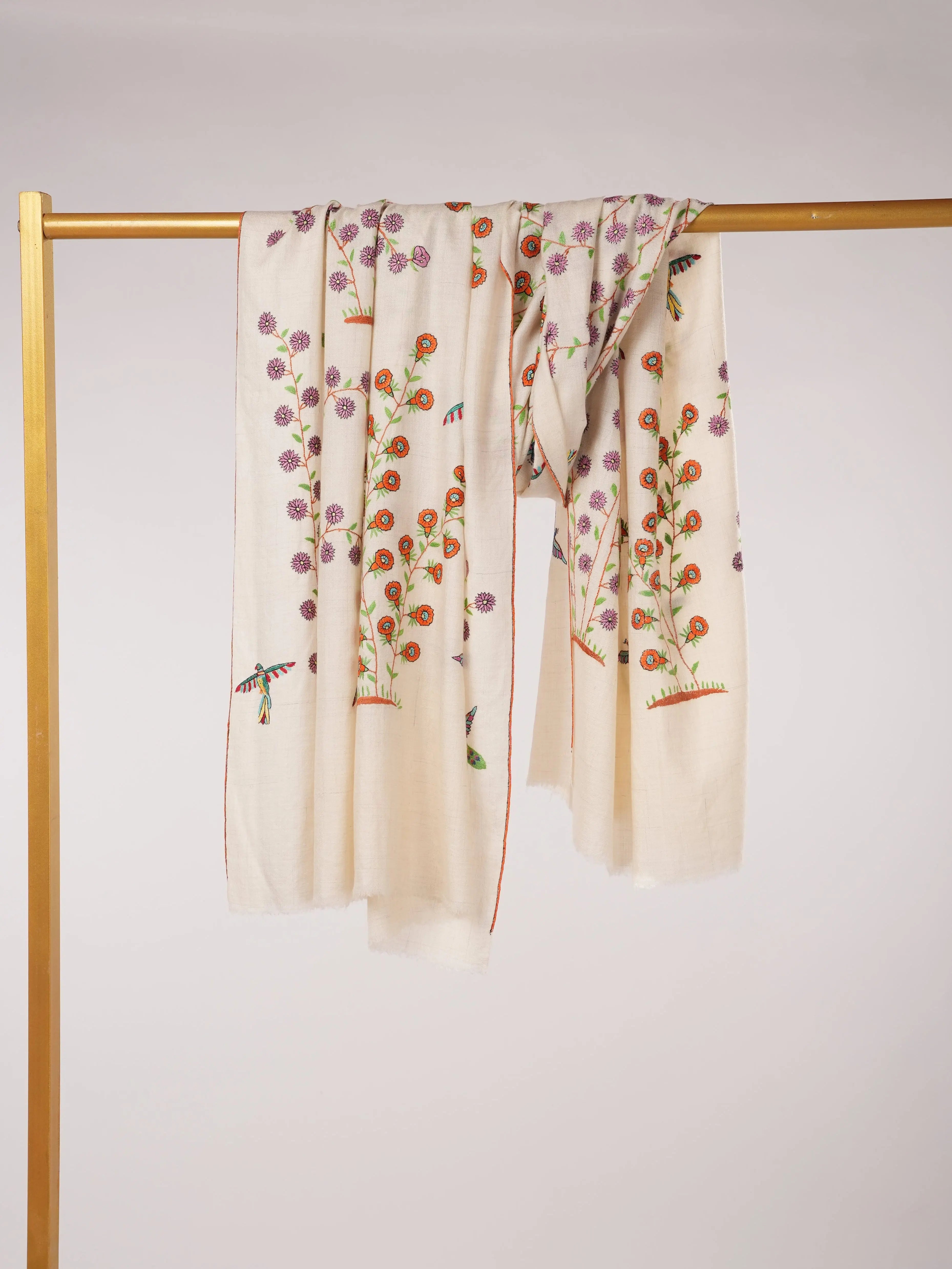 White Kashmiri Handwoven Pashmina Shawl with Hand Sozni Embroidery Shahkaar.com