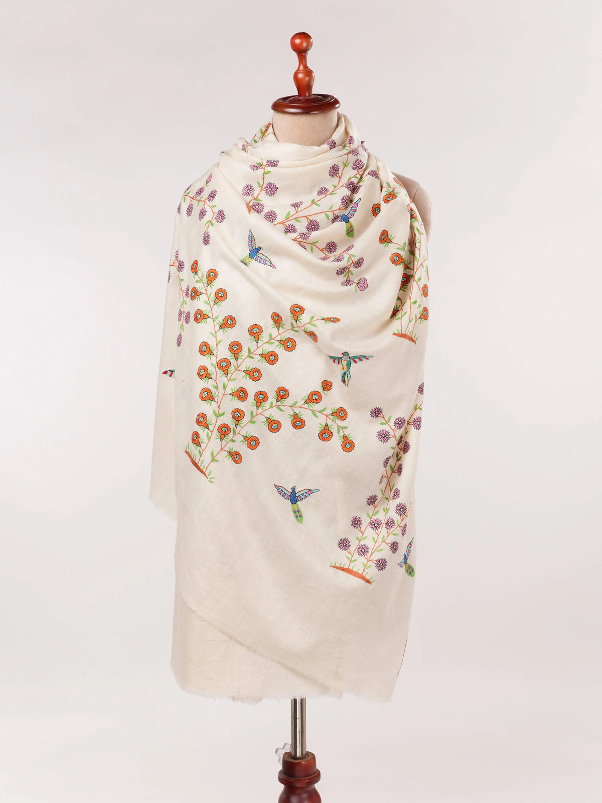 White Kashmiri Handwoven Pashmina Shawl with Hand Sozni Embroidery Shahkaar.com