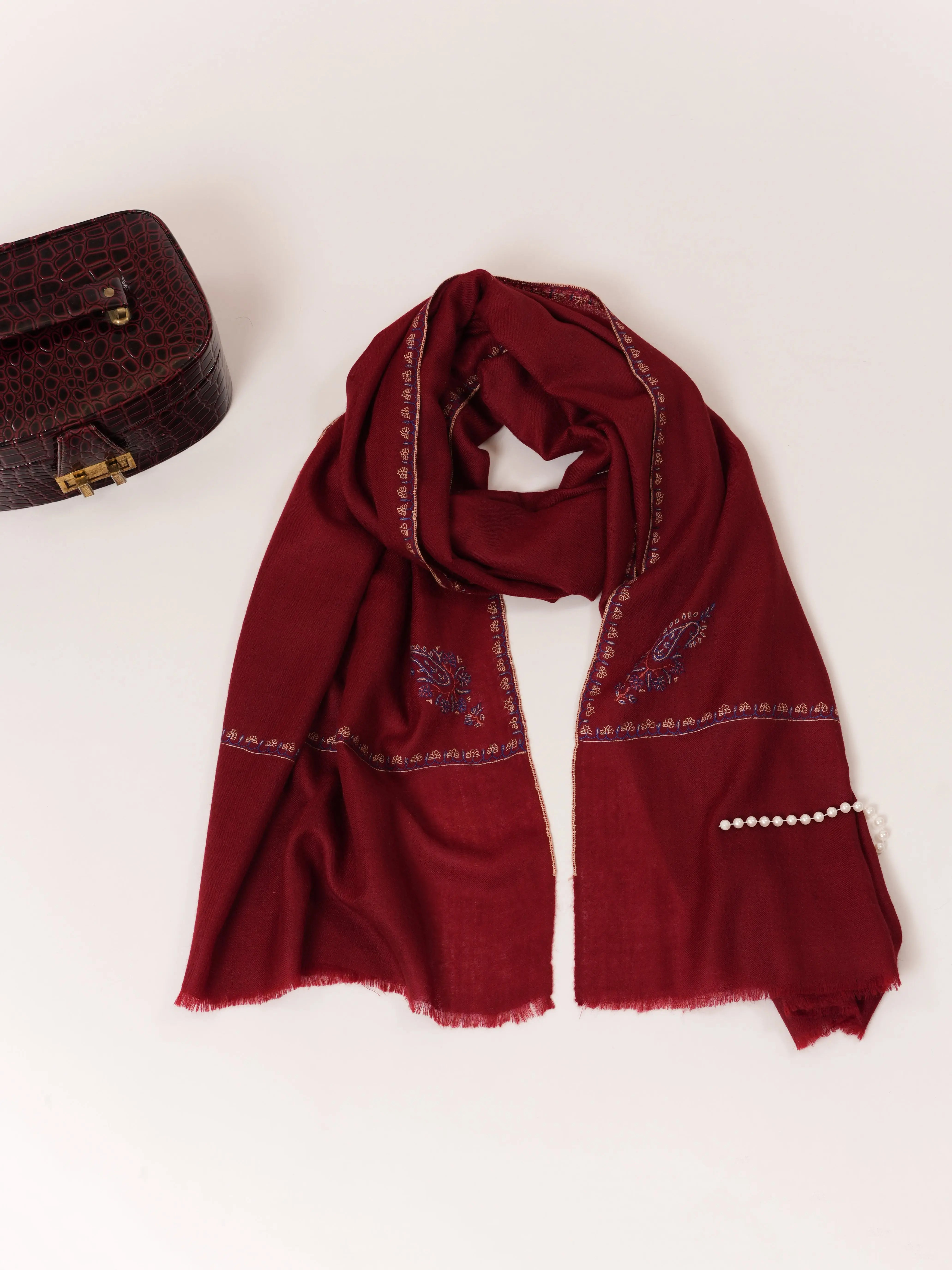 Wine Red Handwoven Cashmere Scarf with Minimalist Hand Embroidery Shahkaar.com