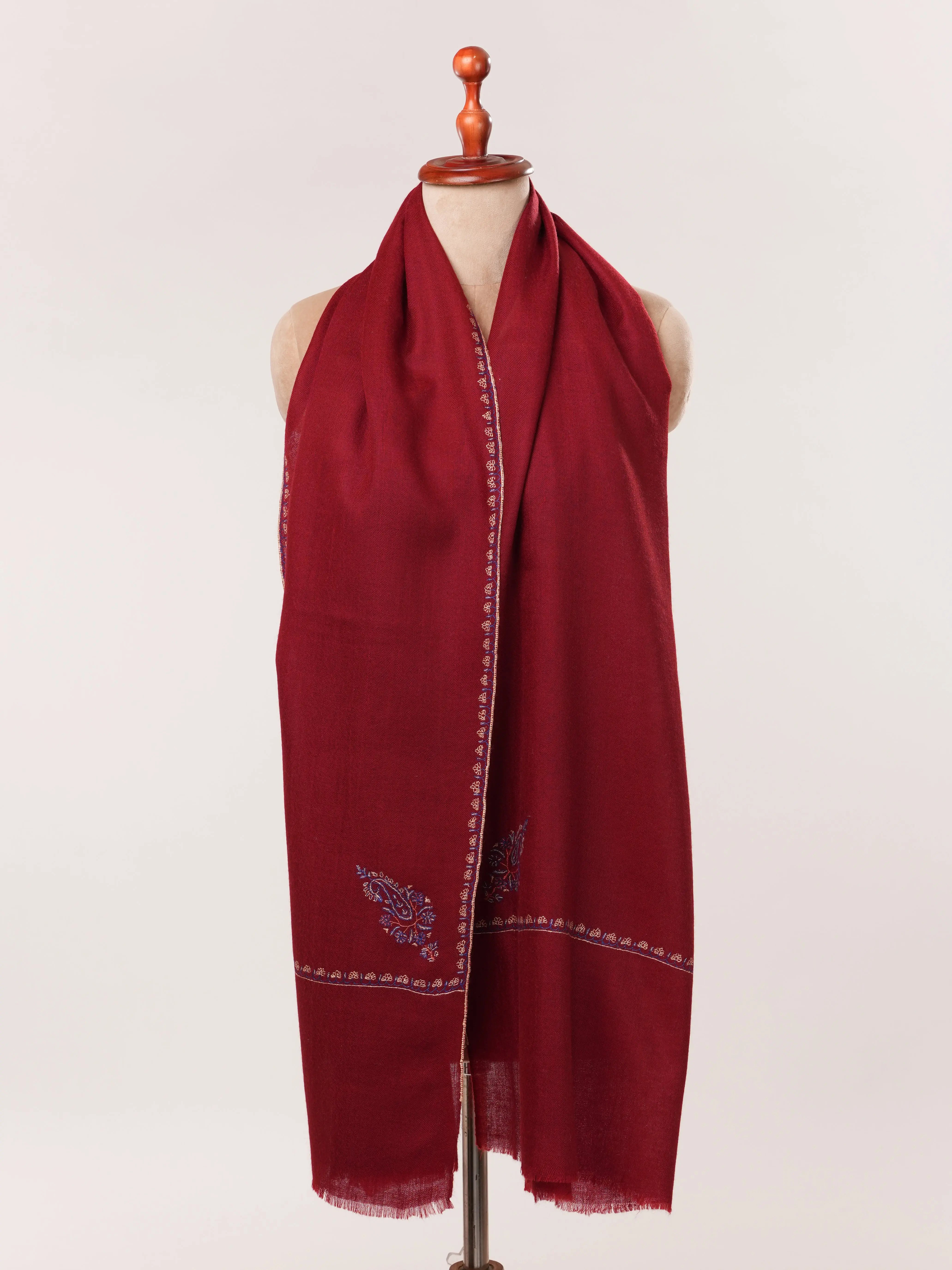 Wine Red Handwoven Cashmere Scarf with Minimalist Hand Embroidery Shahkaar.com