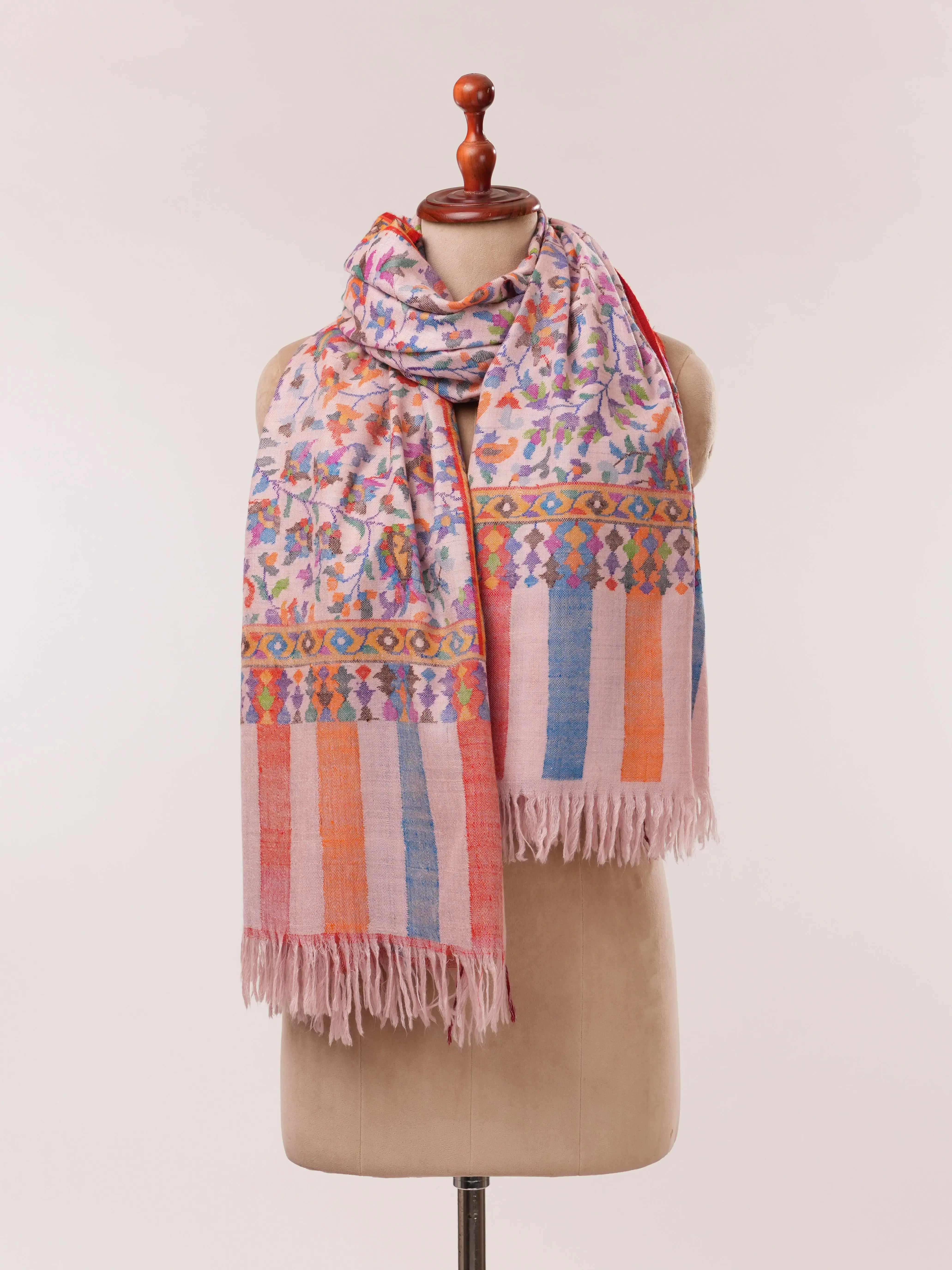 Baby Pink Handwoven Kani Jamavar Pashmina Shawl Shahkaar.com