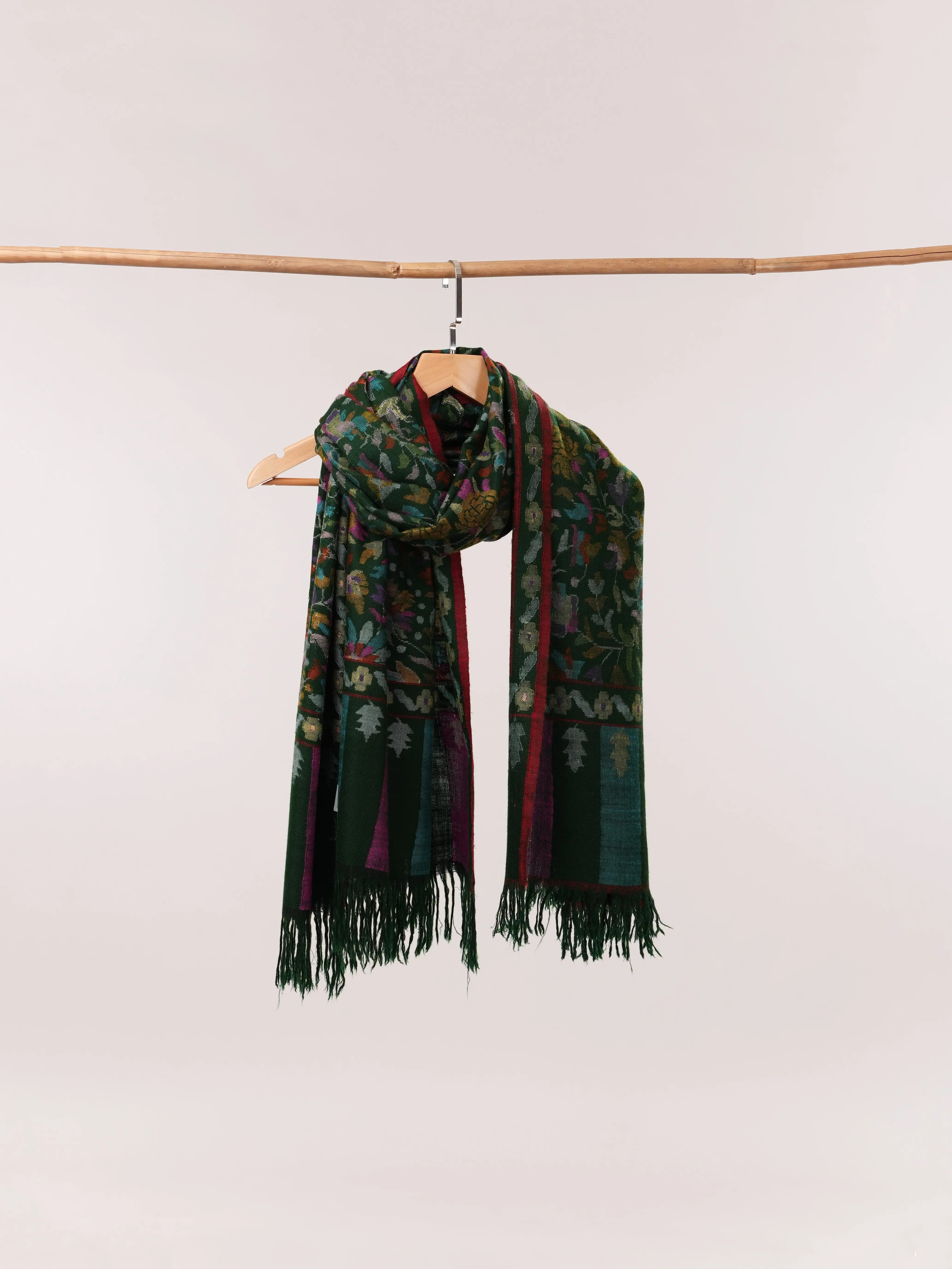Forest Green Handwoven Kani Floral Pure Pashmina Shawl Shahkaar.com