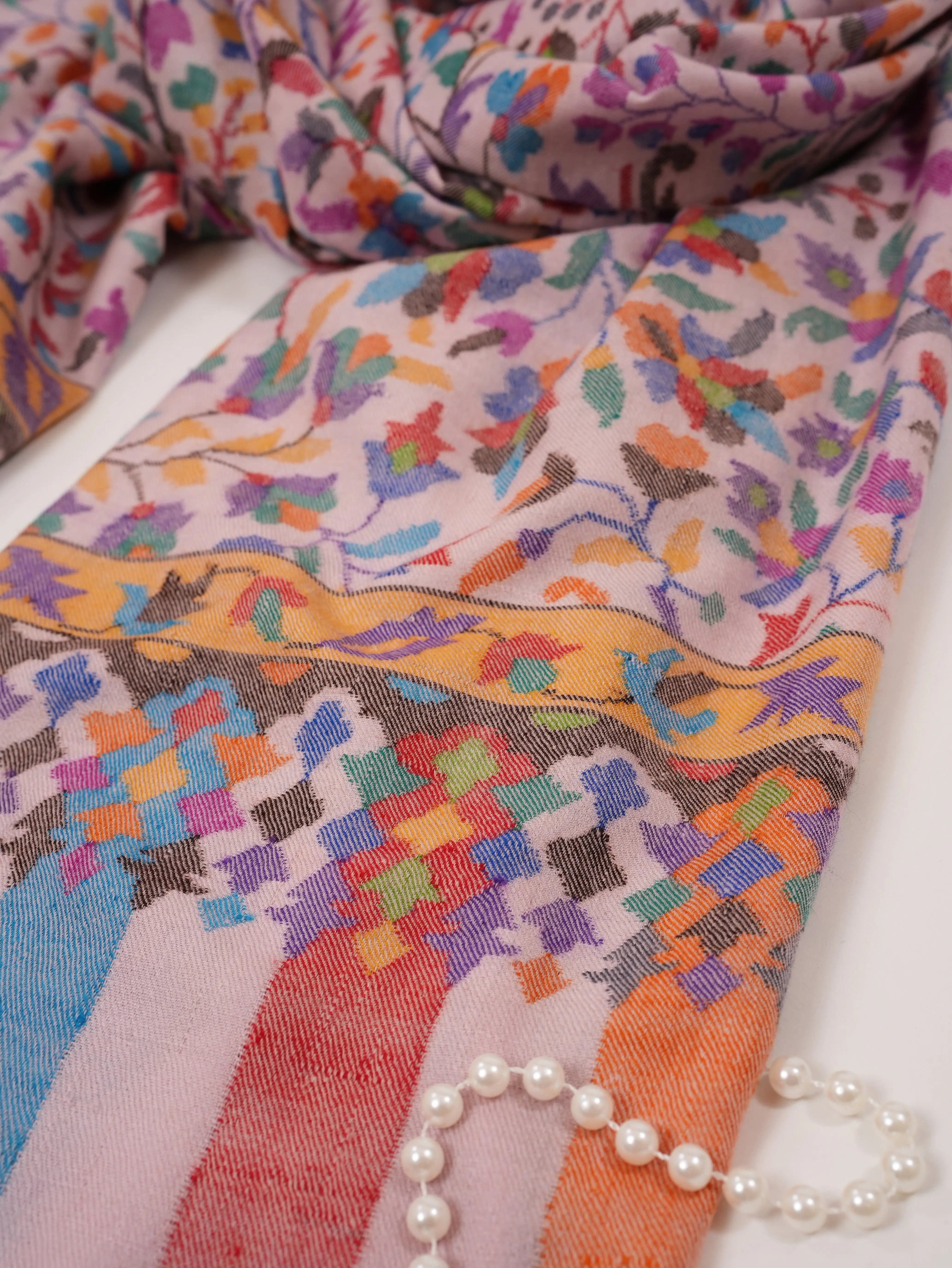 Baby Pink Handwoven Multicolor Floral Kani Pashmina Shawl Shahkaar.com