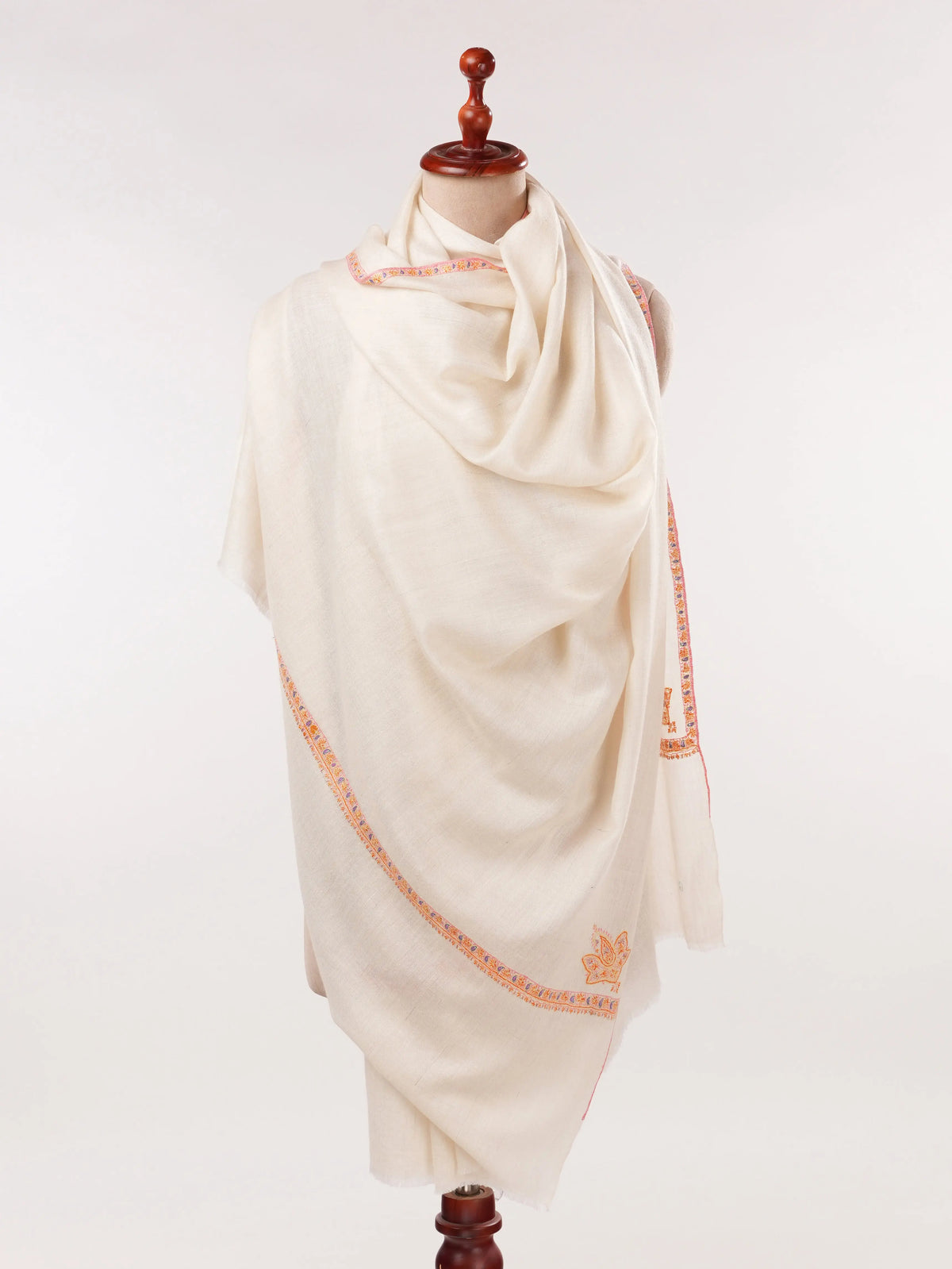 Handwoven Off White Pashmina Shawl with Baildar Hand Embroidery Shahkaar.com