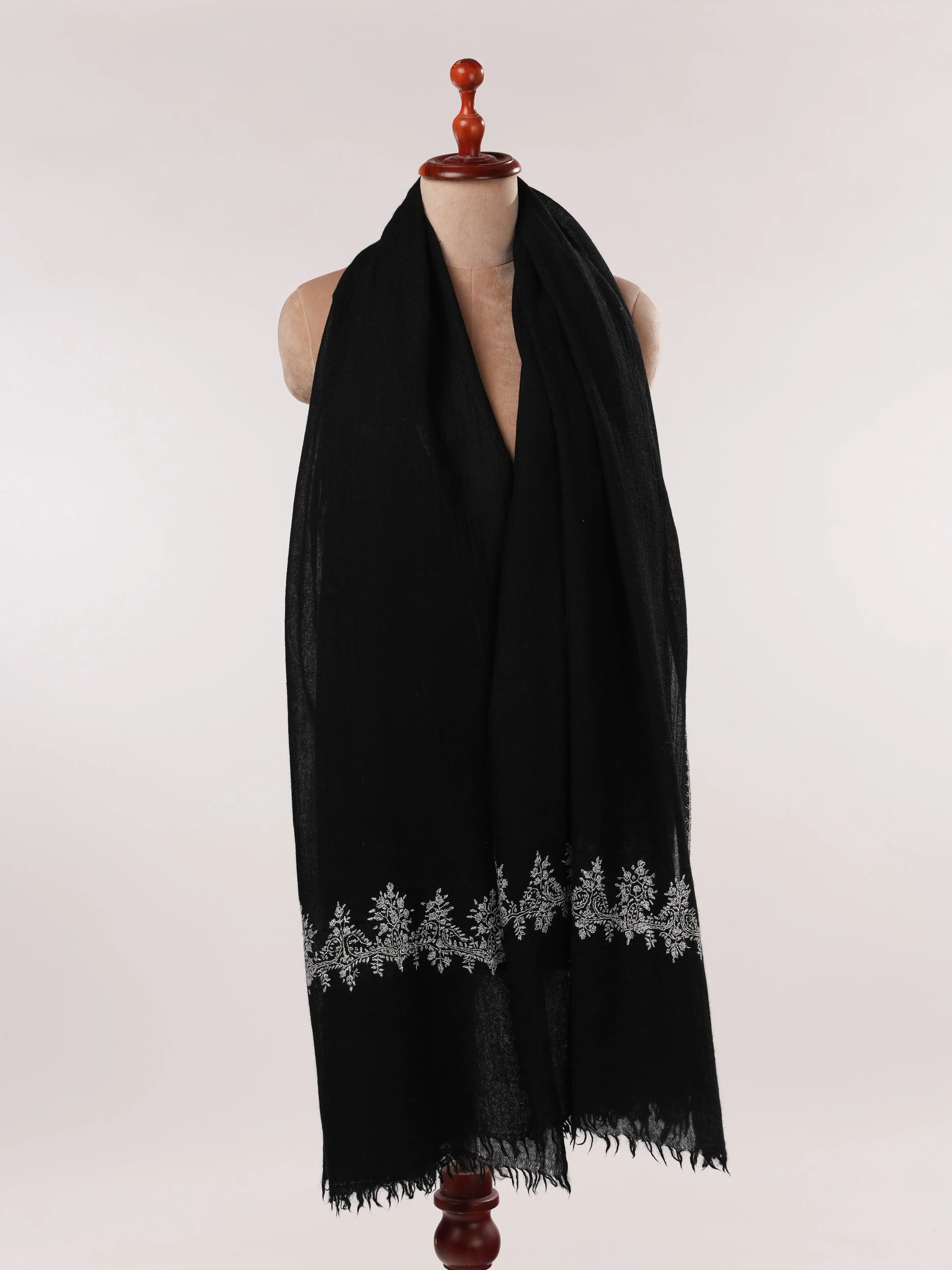 Palldar Black Pure Boiled Wool Shawl with Sozni Hand Embroidery Shahkaar.com