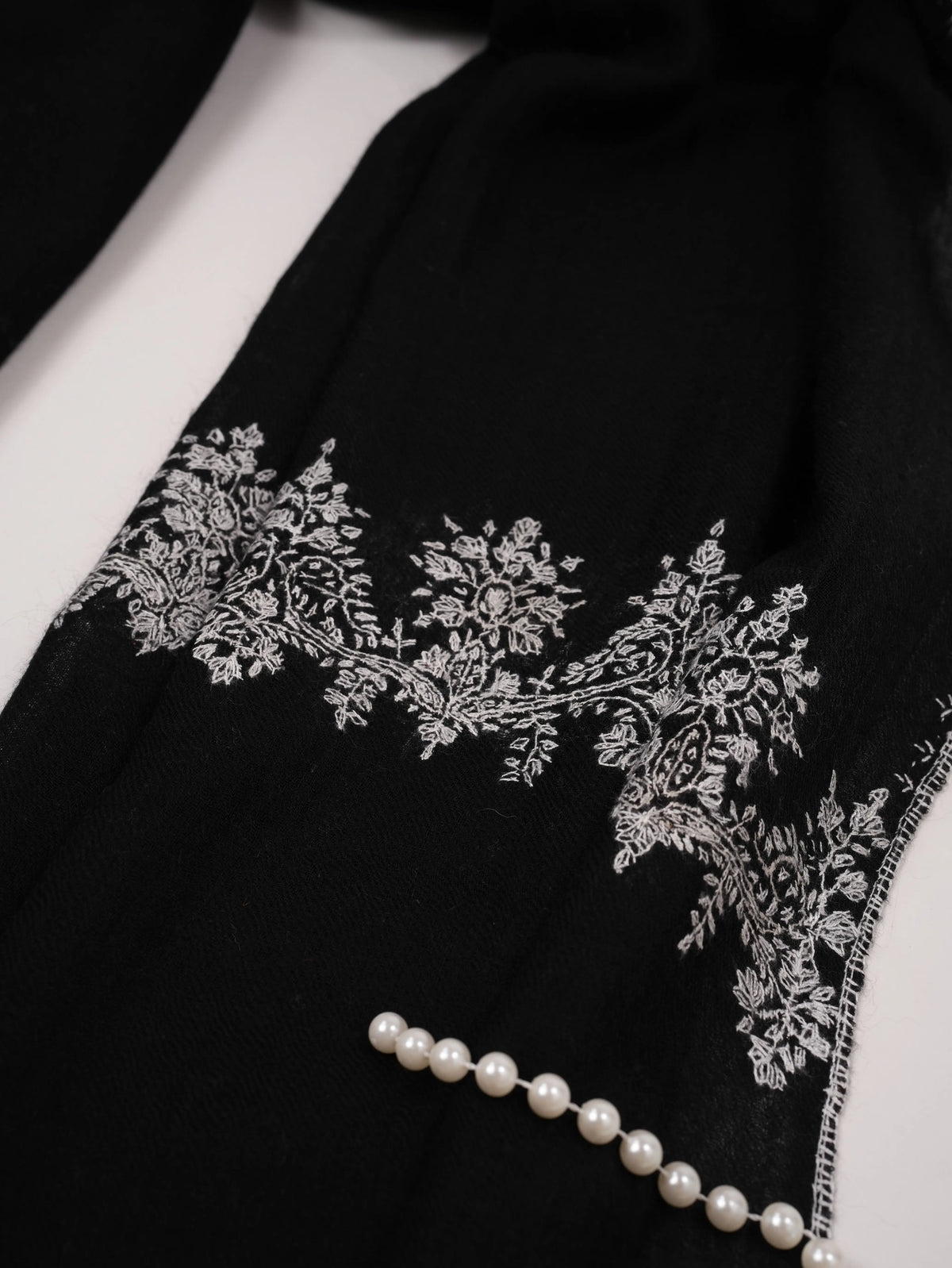 Palldar Black Pure Boiled Wool Shawl with Sozni Hand Embroidery Shahkaar.com