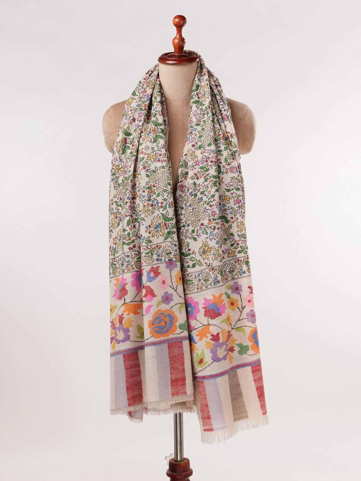 Natural White Handwoven Pashmina Shawl with Hand Kalamkari Embroidery Shahkaar.com