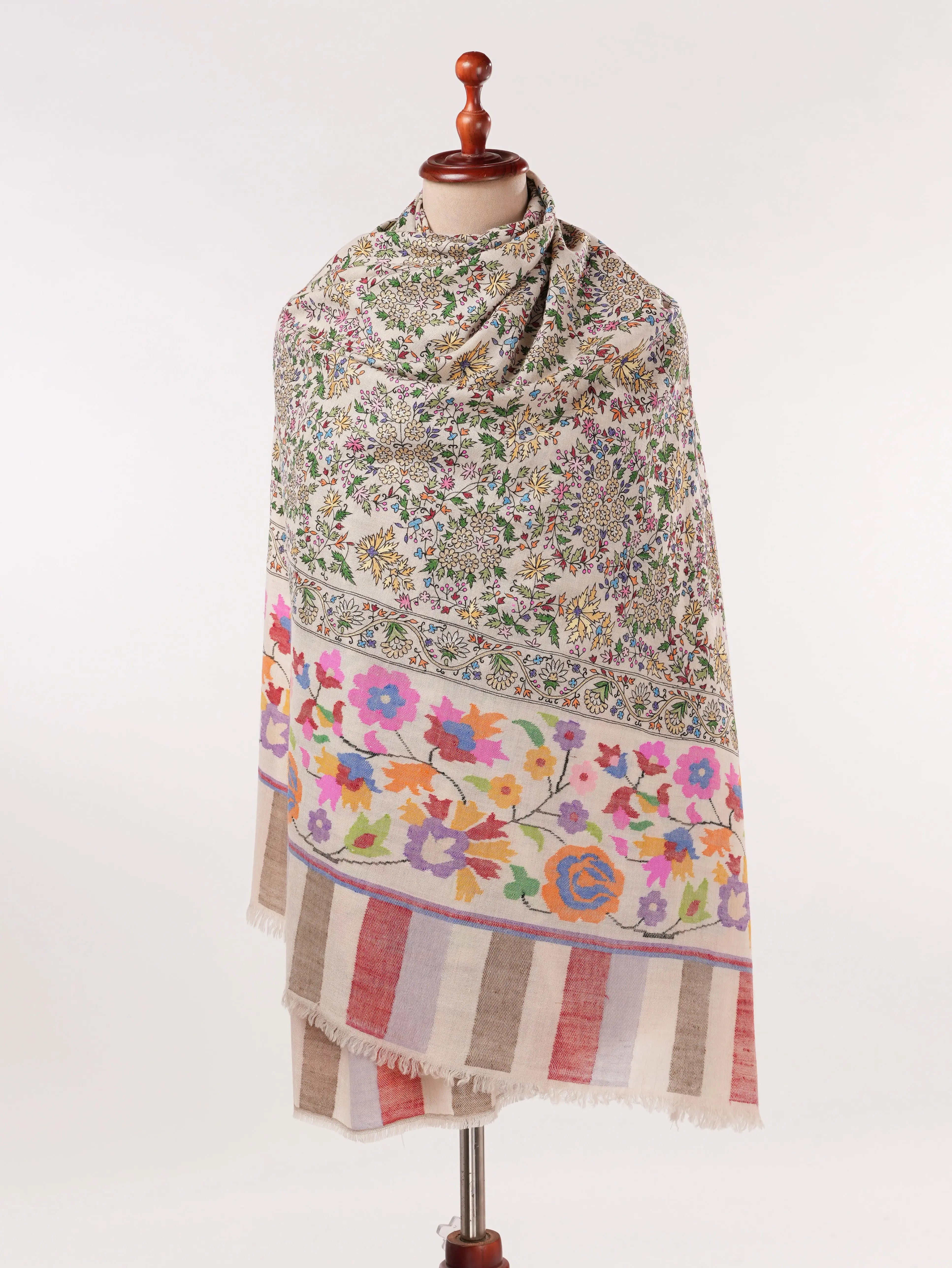 Natural White Handwoven Pashmina Shawl with Hand Kalamkari Embroidery Shahkaar.com