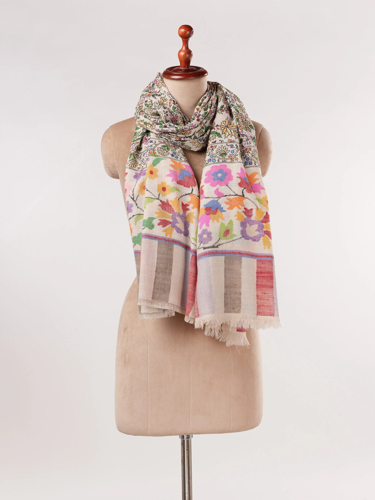 Natural White Handwoven Pashmina Shawl with Hand Kalamkari Embroidery Shahkaar.com