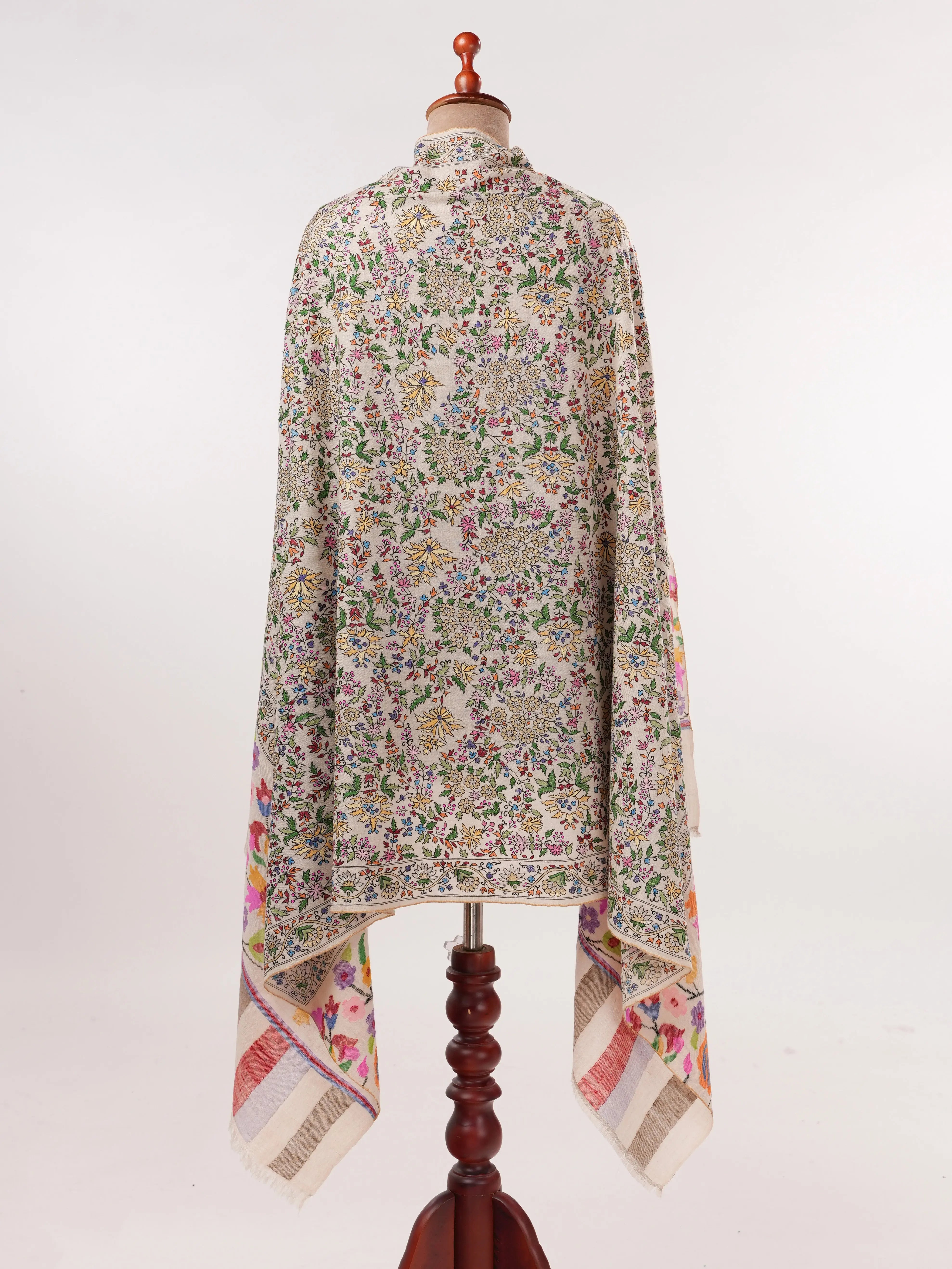 Natural White Handwoven Pashmina Shawl with Hand Kalamkari Embroidery Shahkaar.com