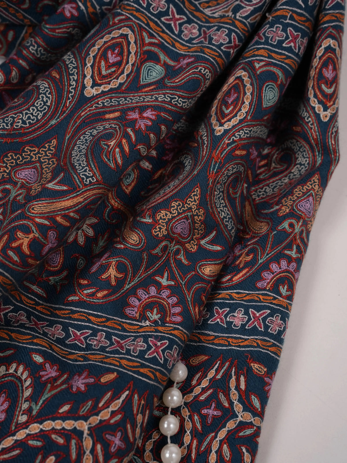 Kalamkari Handwoven Navy Blue Pashmina Shawl with Hand Embroidery Shahkaar.com