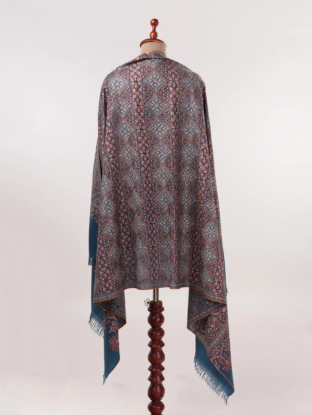 Kalamkari Handwoven Navy Blue Pashmina Shawl with Hand Embroidery Shahkaar.com