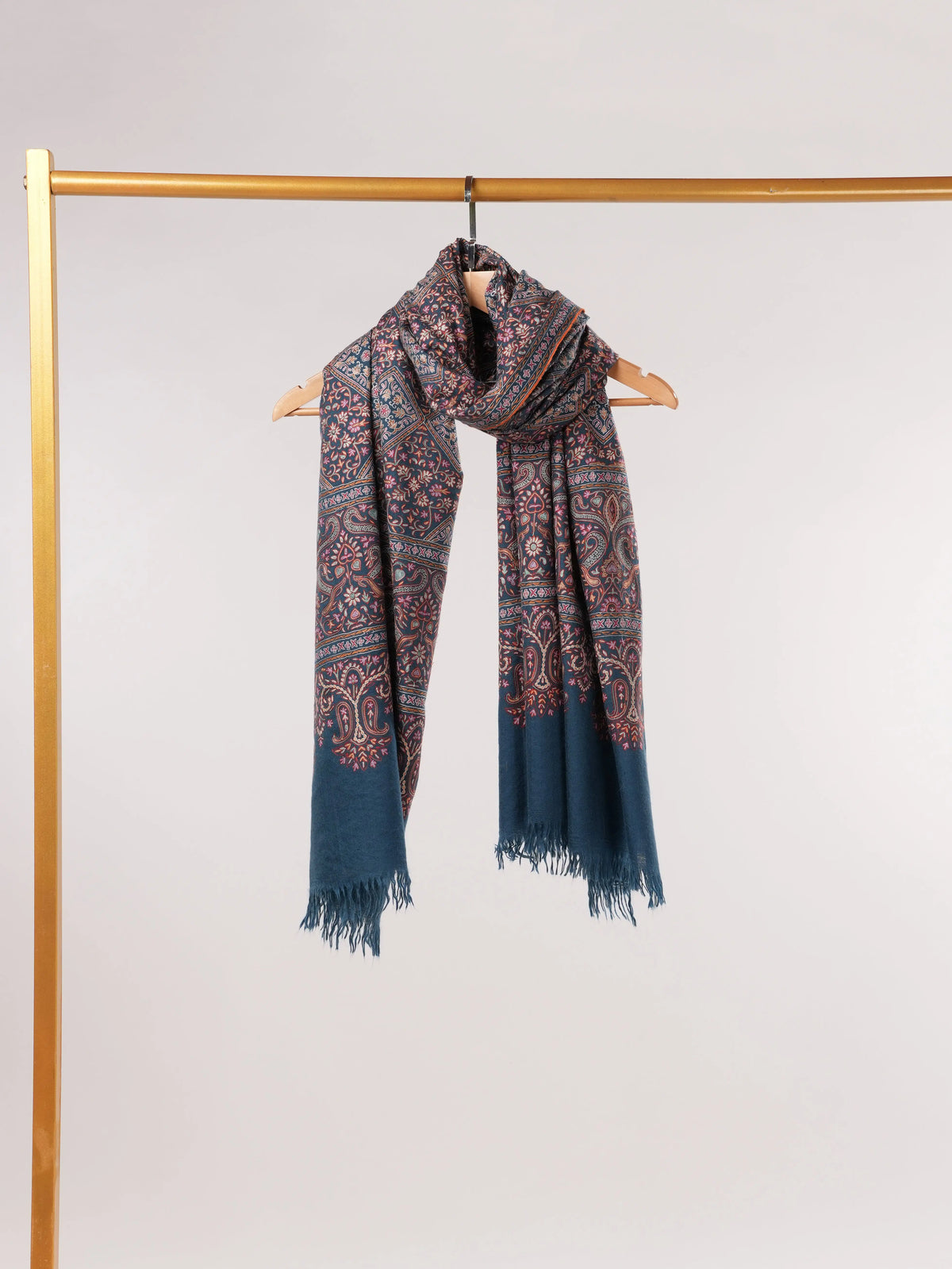 Kalamkari Handwoven Navy Blue Pashmina Shawl with Hand Embroidery Shahkaar.com