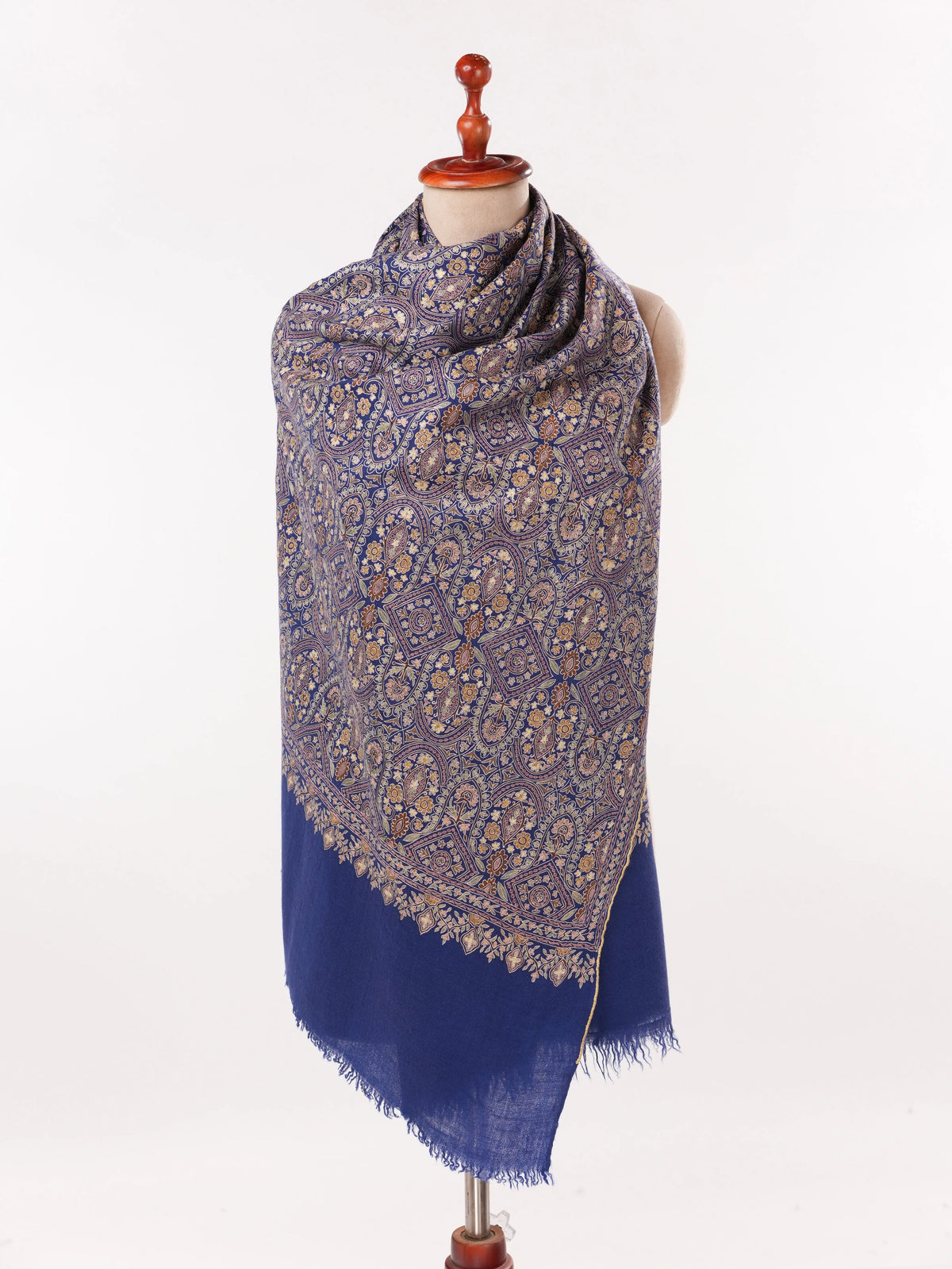 Deep Blue Cashmere Scarf with Hook Embroidery