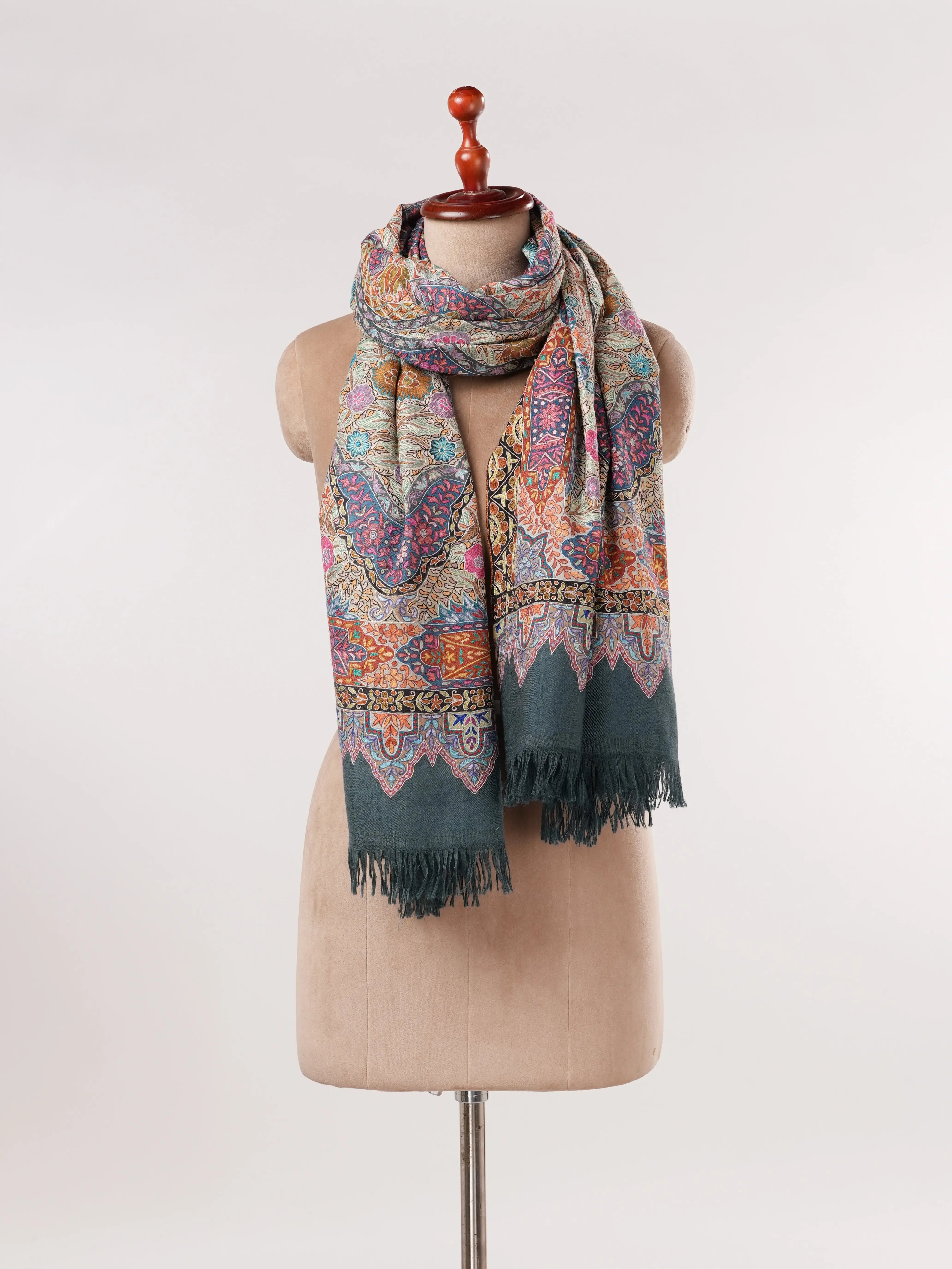 Hand Embroidered Kalamkari Authentic Grey Handwoven Pashmina Shawl Shahkaar.com