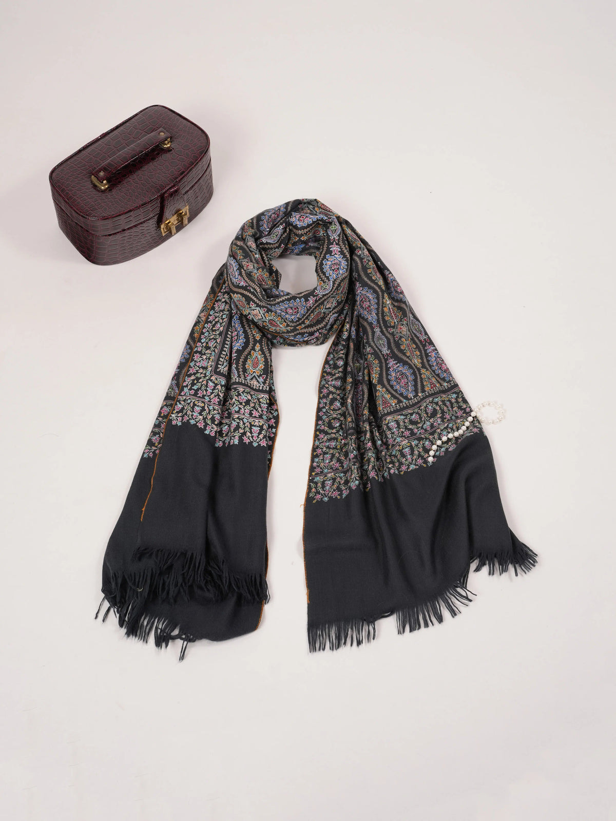 Original Black Kalamkari Handwoven Pashmina Shawl with Hand Embroidery Shahkaar.com
