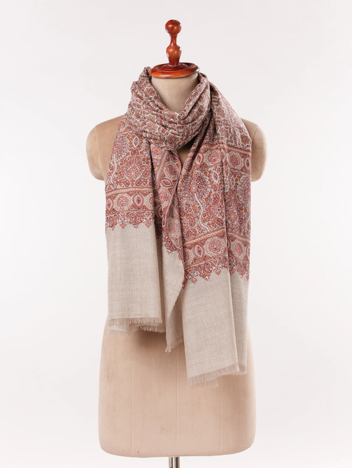 Natural Taupe Authentic Cashmere Scarf with Hook Embroidery