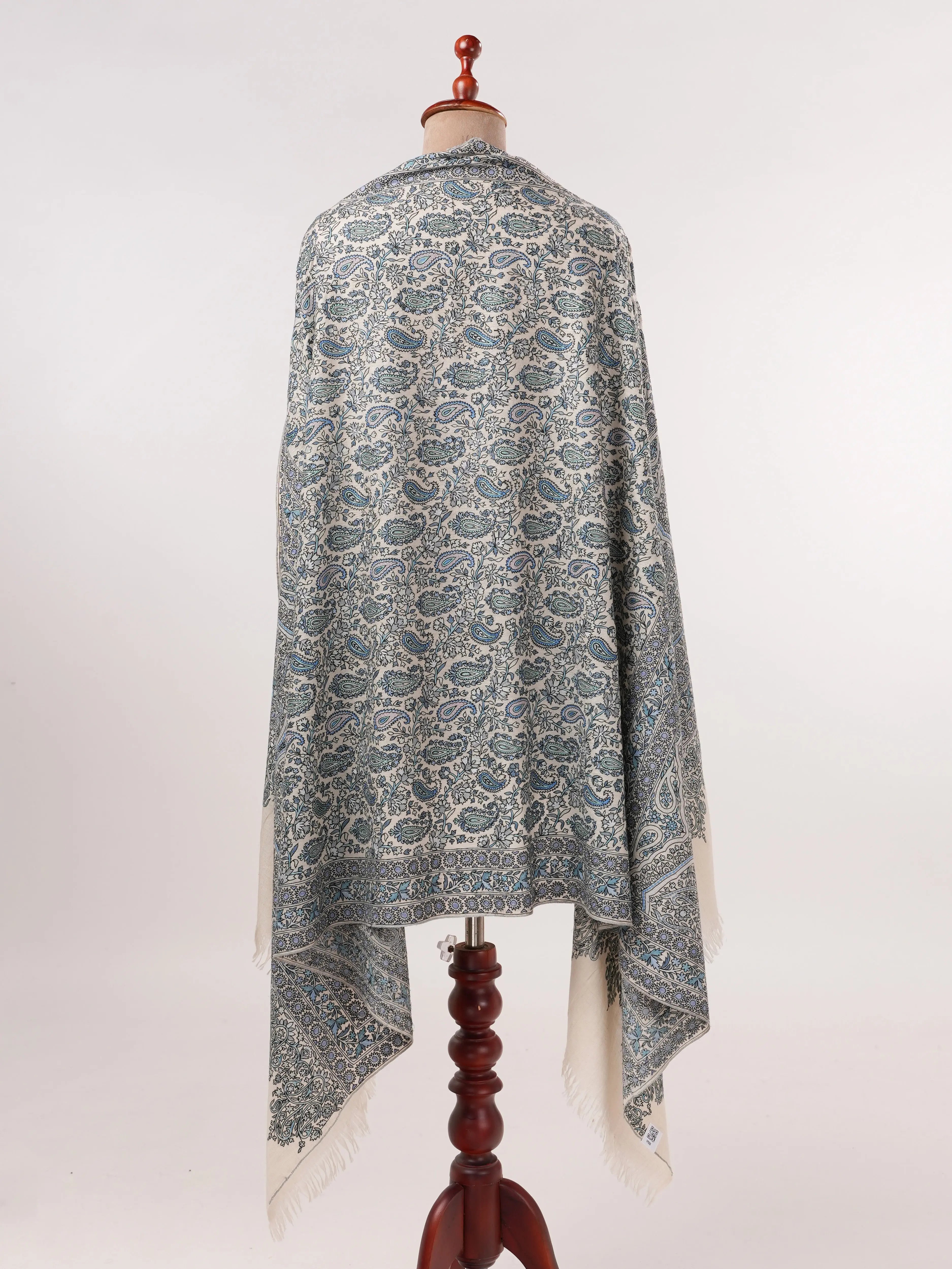 Hand Embroidered Kalamkari Soft Natural White Handwoven Pashmina Shawl Shahkaar.com