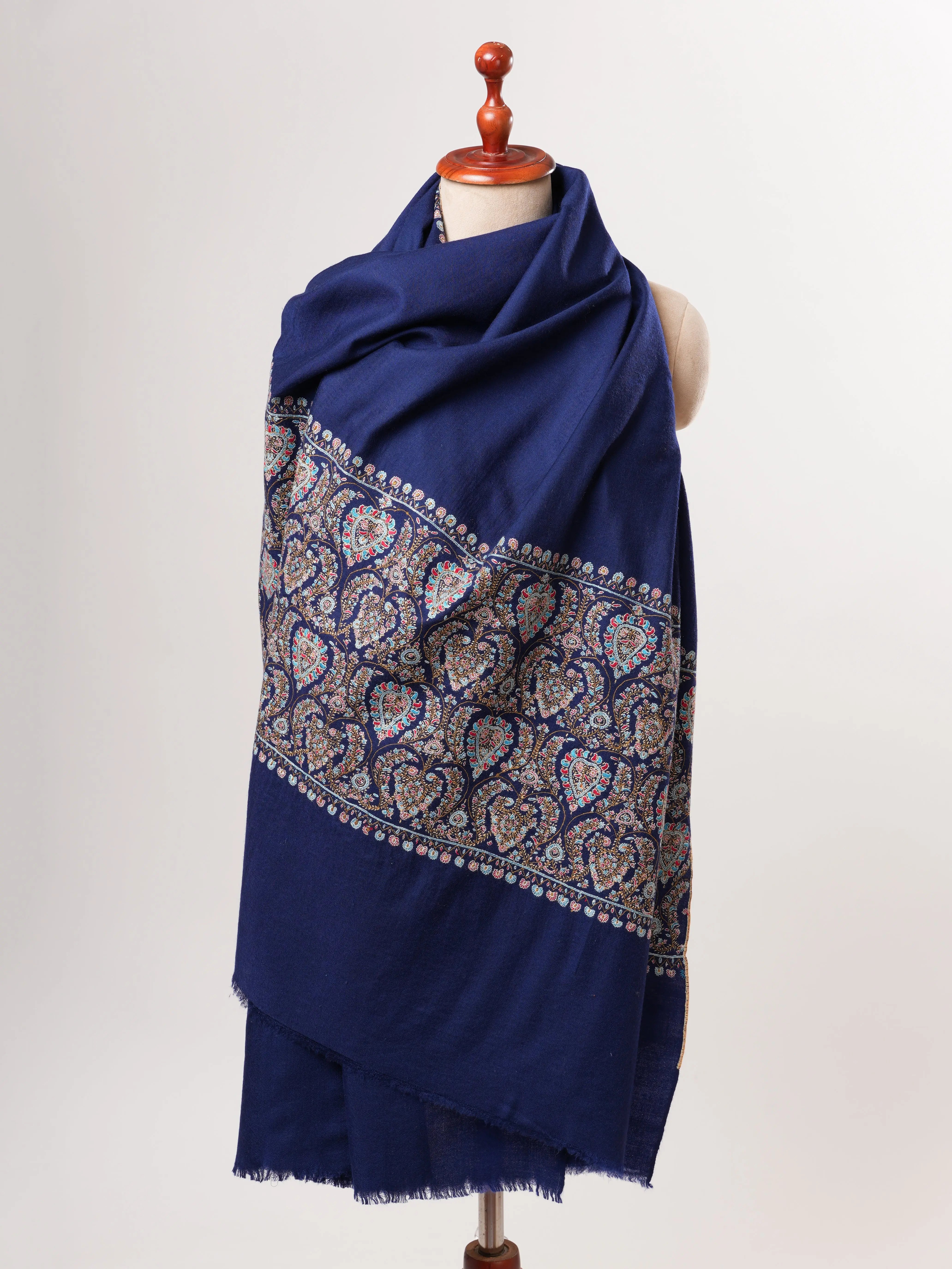 Dark Blue Kashmiri Pashmina Shawl – Palla Sozni Hand Embroidery Shahkaar