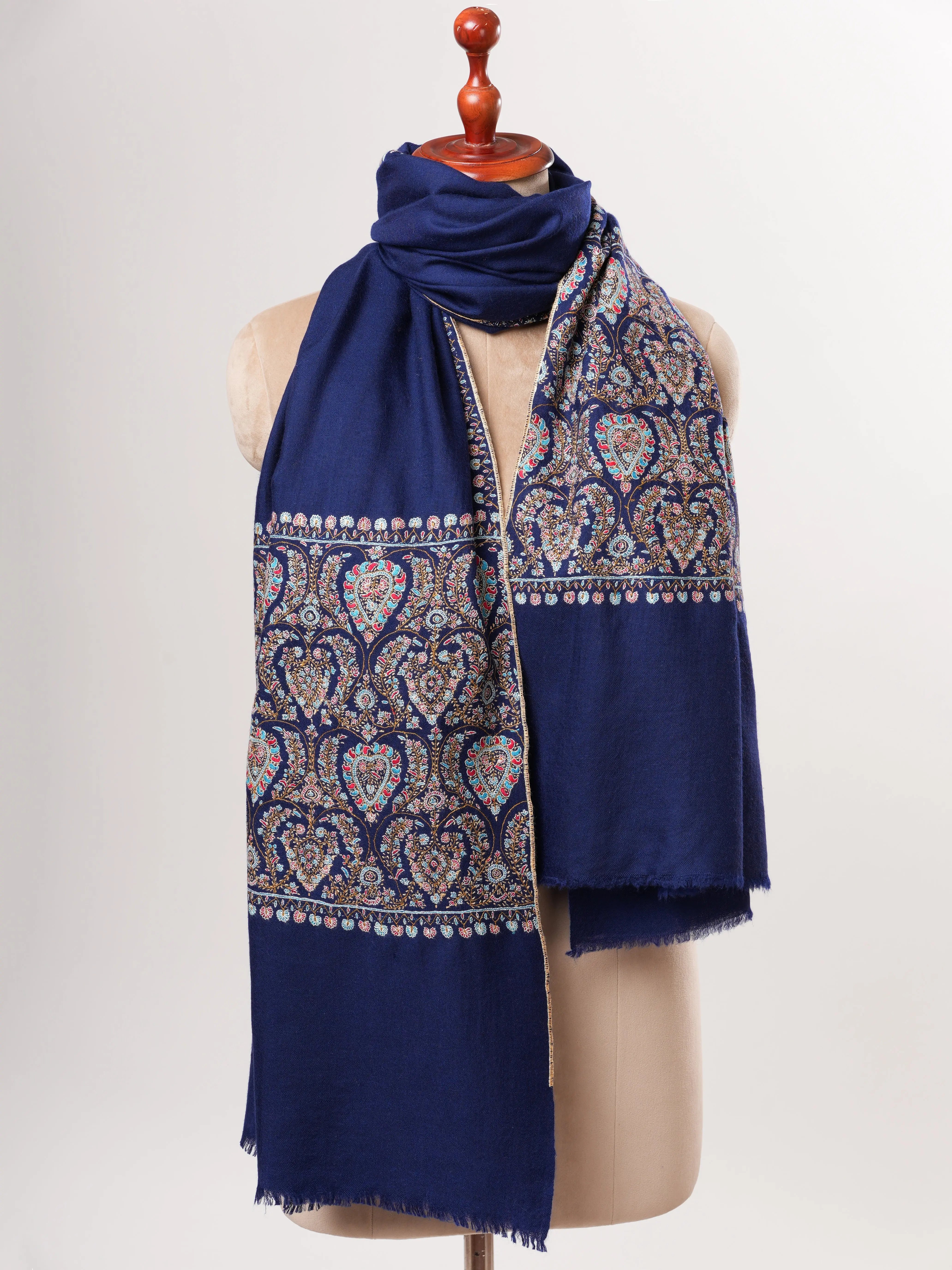 Dark Blue Kashmiri Pashmina Shawl – Palla Sozni Hand Embroidery Shahkaar