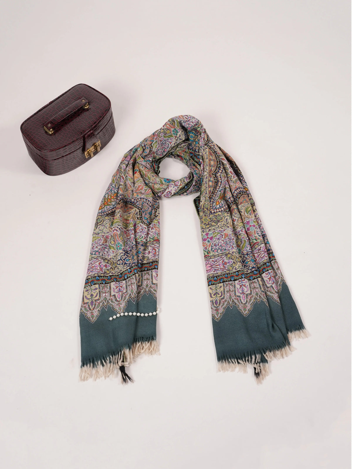 Kalamkari Hand Embroidered Grey Handwoven Pashmina Shawl Shahkaar.com